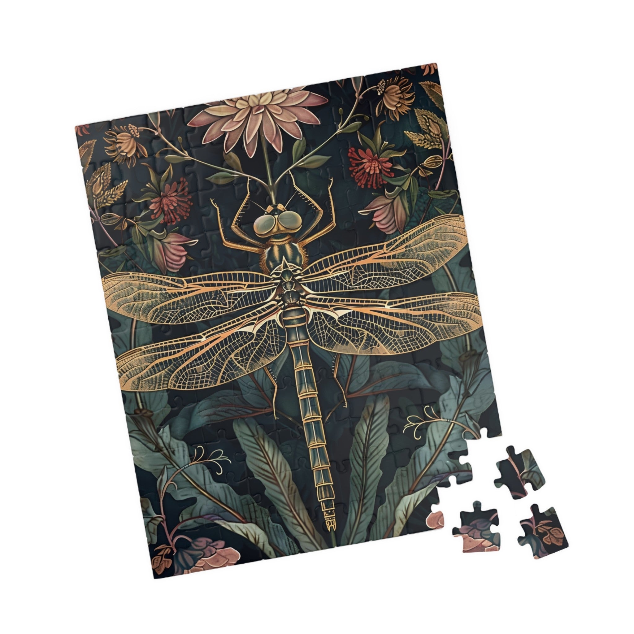 william morris inspired botanical puzzle with dragonfly centerpiece, vintage wallpaper style floral jigsaw puzzle, dragonfly illustration puzzle with rich botanical details