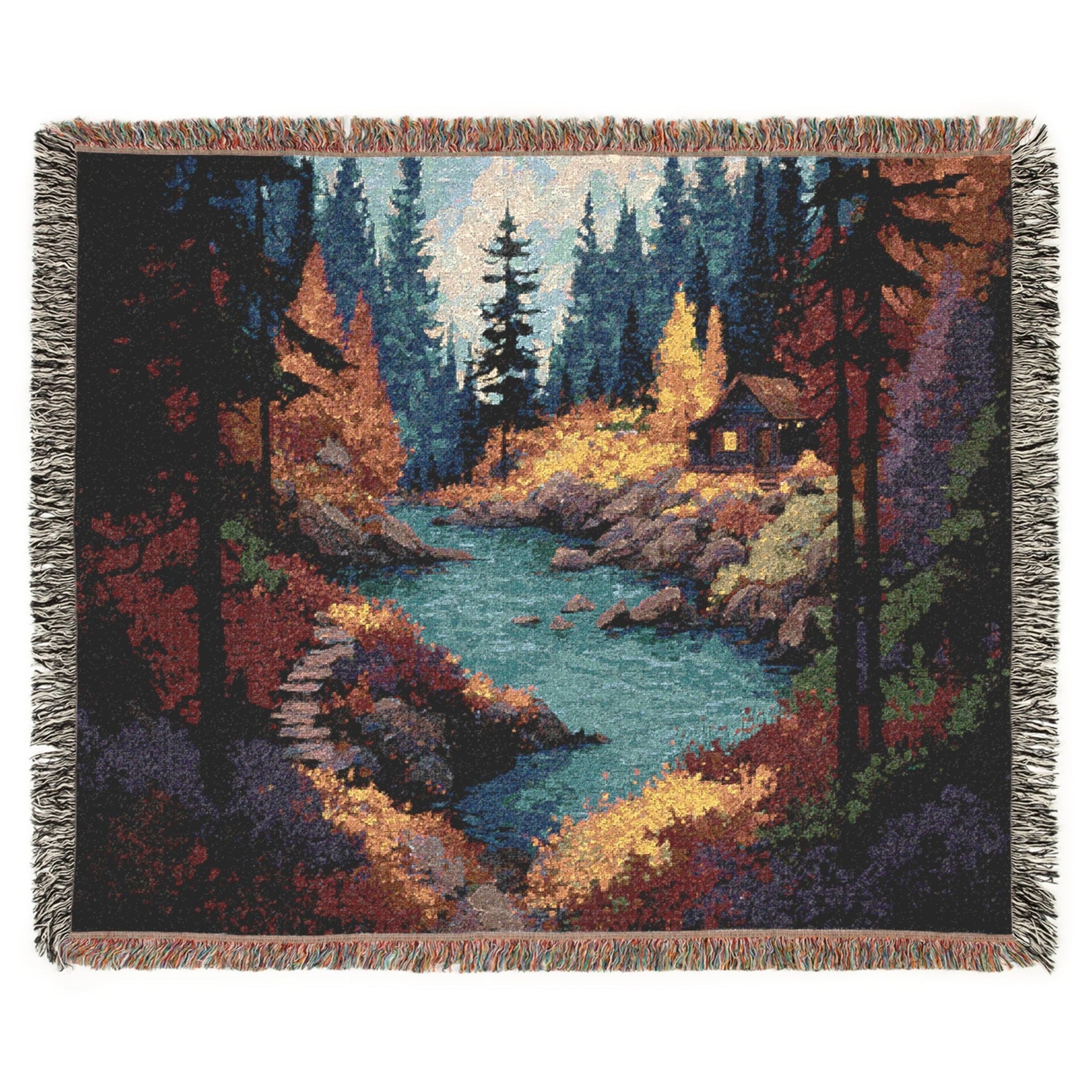 lodge inspired autumn forest woven blanket, cozy fall blanket with cabin and river artwork, mountain cabin tapestry throw for rustic homes