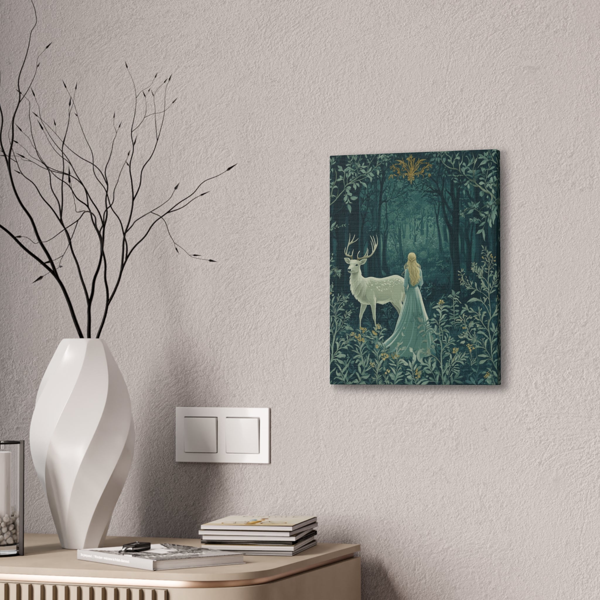 Enchanted Forest Stag & Maiden Canvas Wall Art Mystical Woodland Nature Lover Home Décor