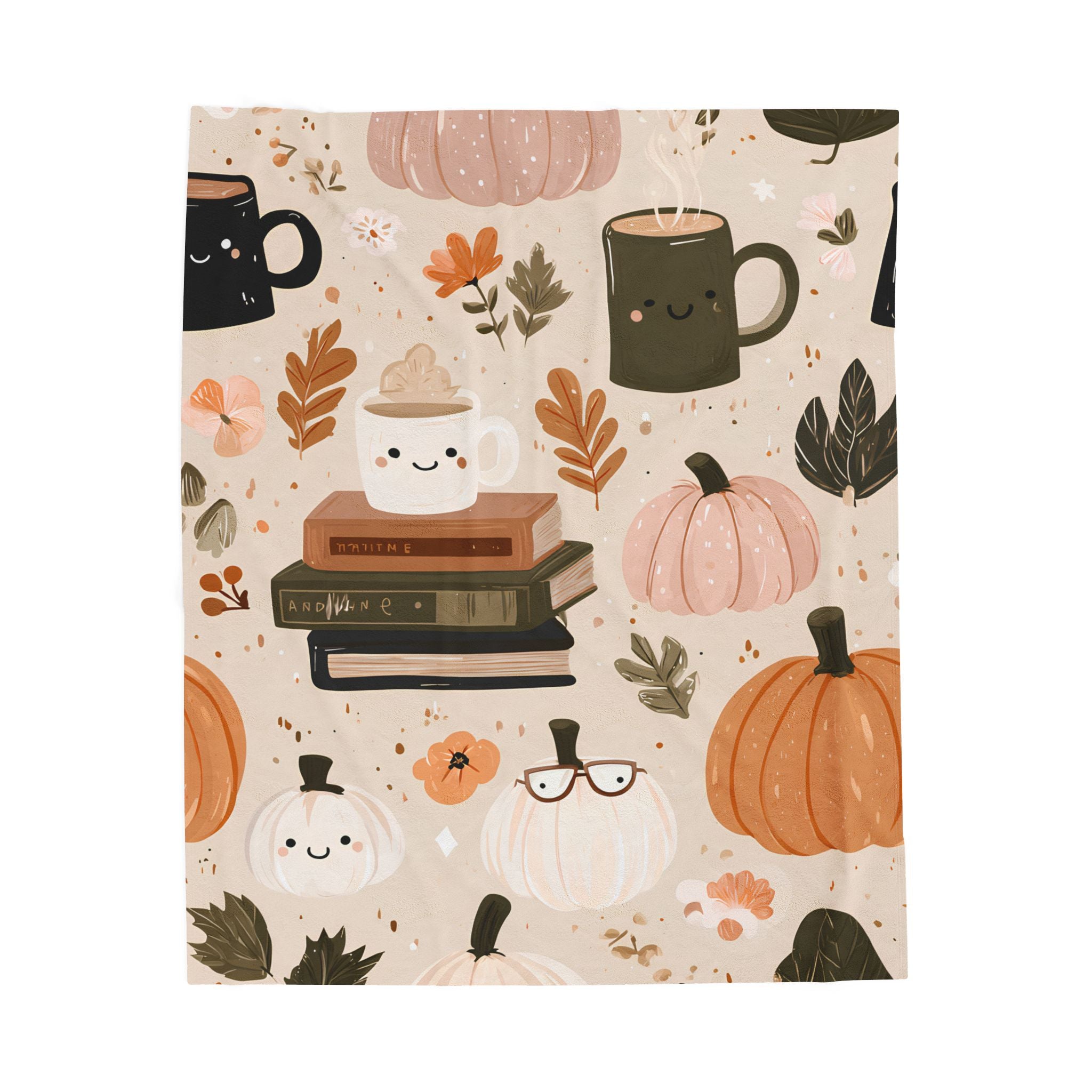 Cozy Velveteen Fall Blanket โ Pumpkin Coffee Floral Print Autumn Throw, Cottagecore Neutral Decor