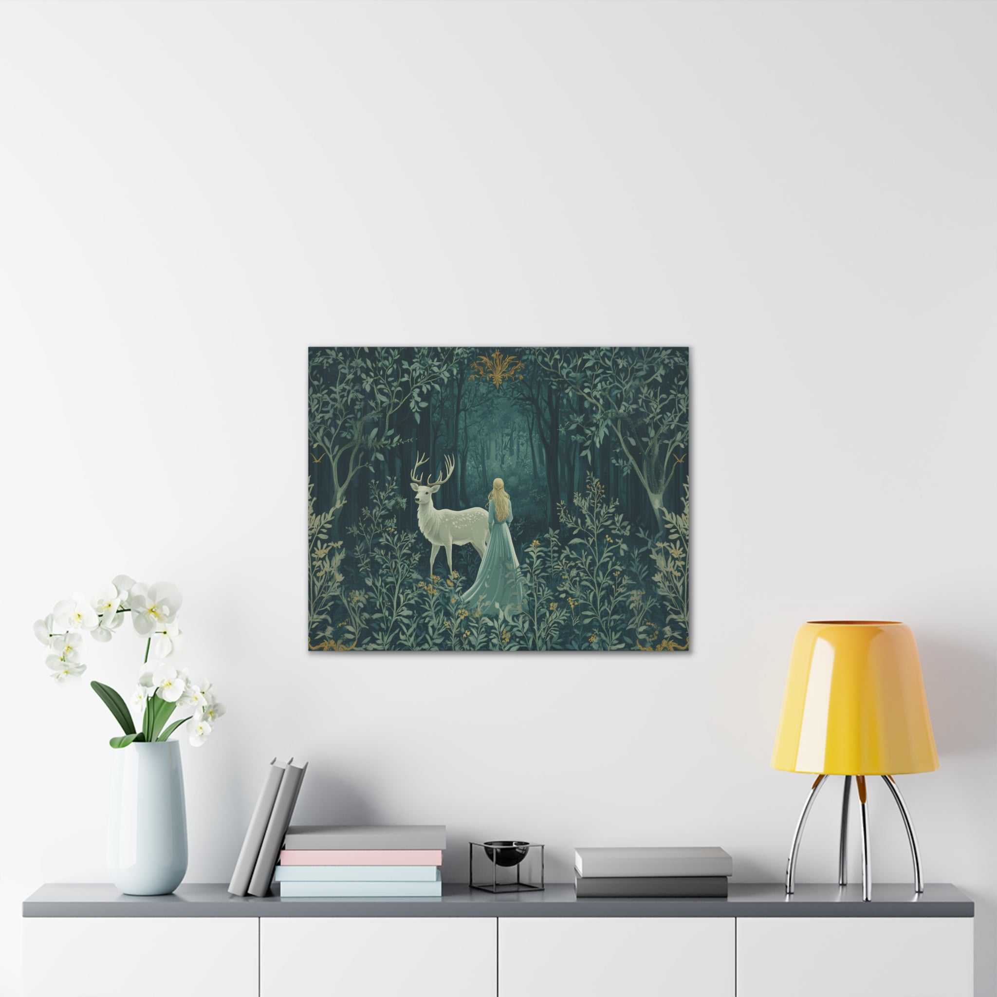 Enchanted Forest Stag & Maiden Canvas Wall Art Mystical Woodland Nature Lover Home Décor