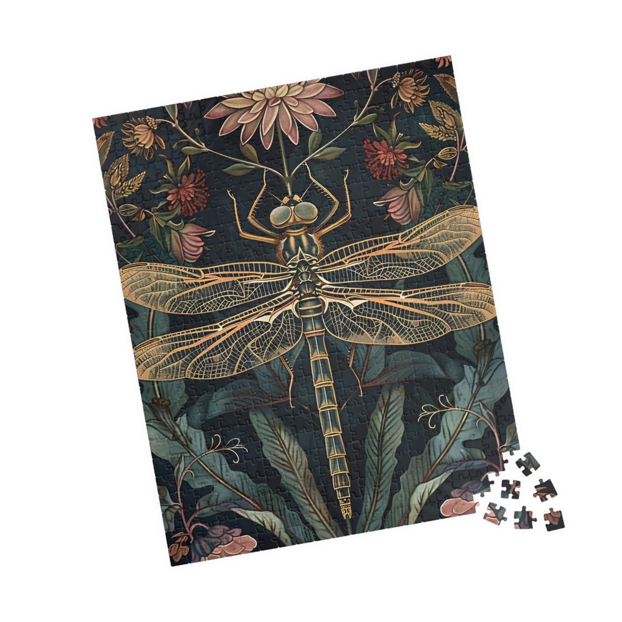 dragonfly illustration puzzle for cottagecore decor lovers, calming floral puzzle for mindfulness activity, heirloom style botanical jigsaw puzzle gift