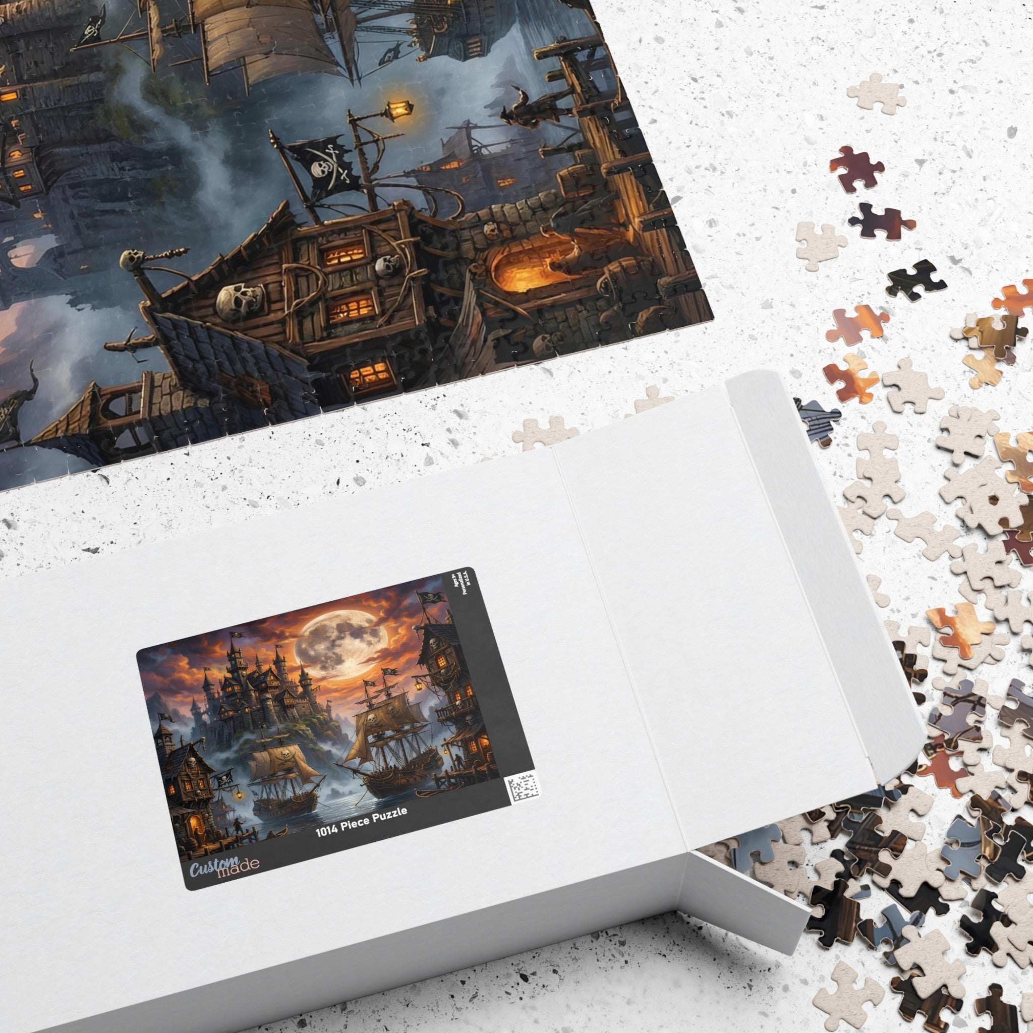 romantasy pirate harbor art puzzle for adults, fantasy pirate island harbor puzzle for collectors, pirate core fantasy puzzle for gothic home decor