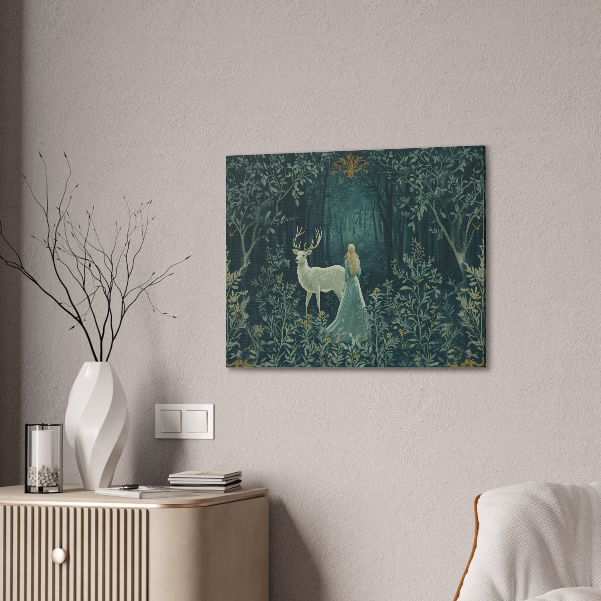 Enchanted Forest Stag & Maiden Canvas Wall Art Mystical Woodland Nature Lover Home Décor