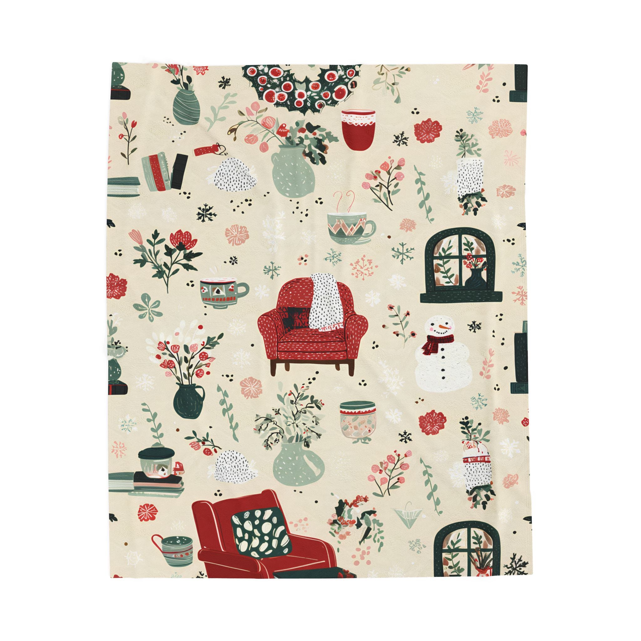 Velveteen Plush Christmas Blanket – Snowman Cocoa Floral Wreath Soft Cozy Holiday Throw
