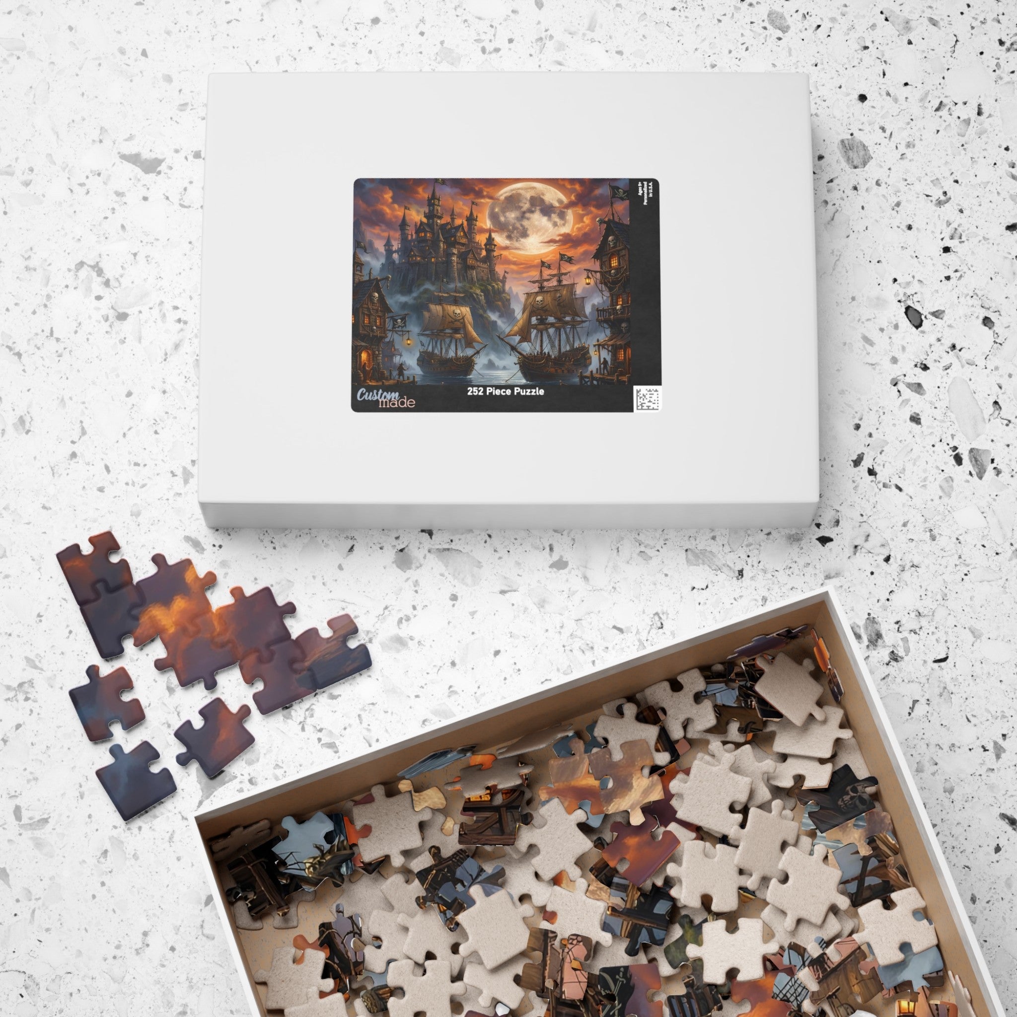 gothic pirate dock puzzle for collectors, fantasy sailing ship harbor puzzle for adults, pirate harbor wall art jigsaw puzzle scene