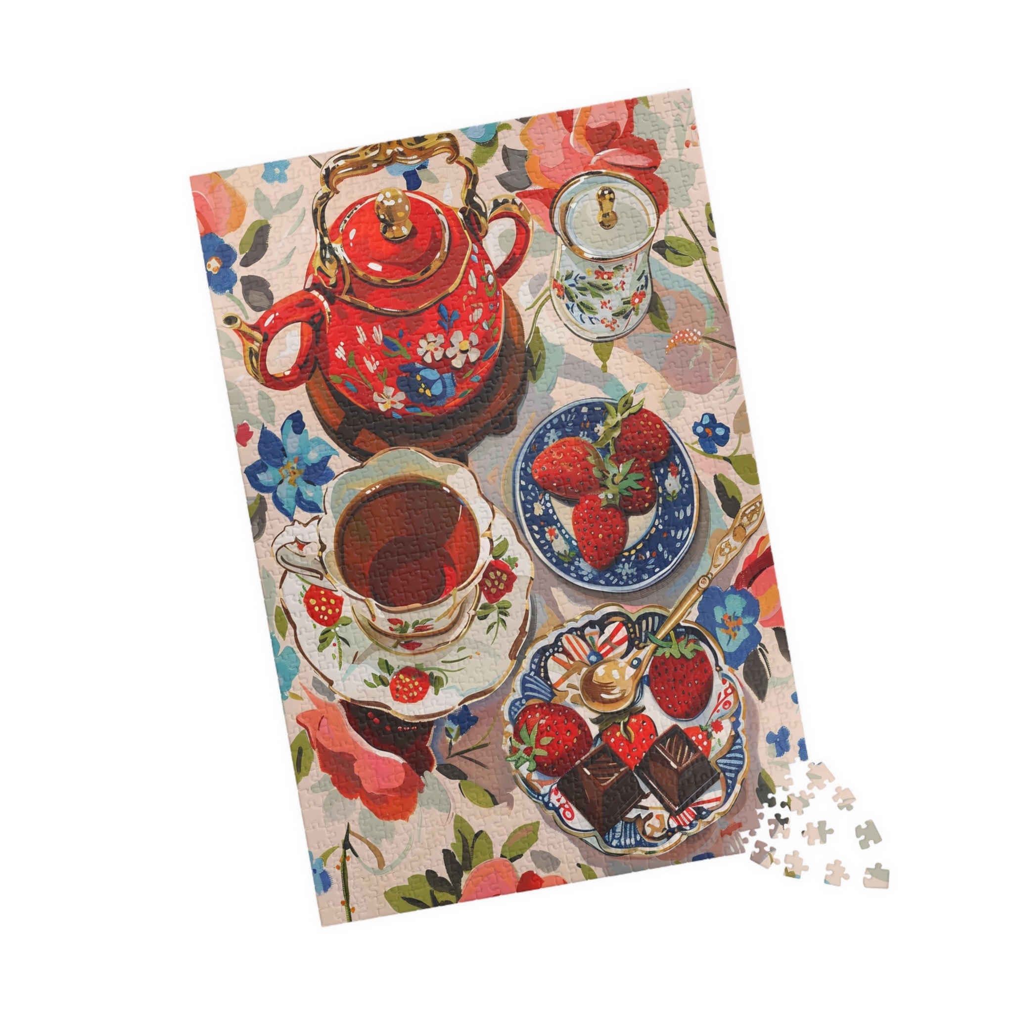 floral tea party jigsaw puzzle with red teapot and strawberries, strawberry cottagecore puzzle for adults on table, cozy tea lover puzzle with floral background
