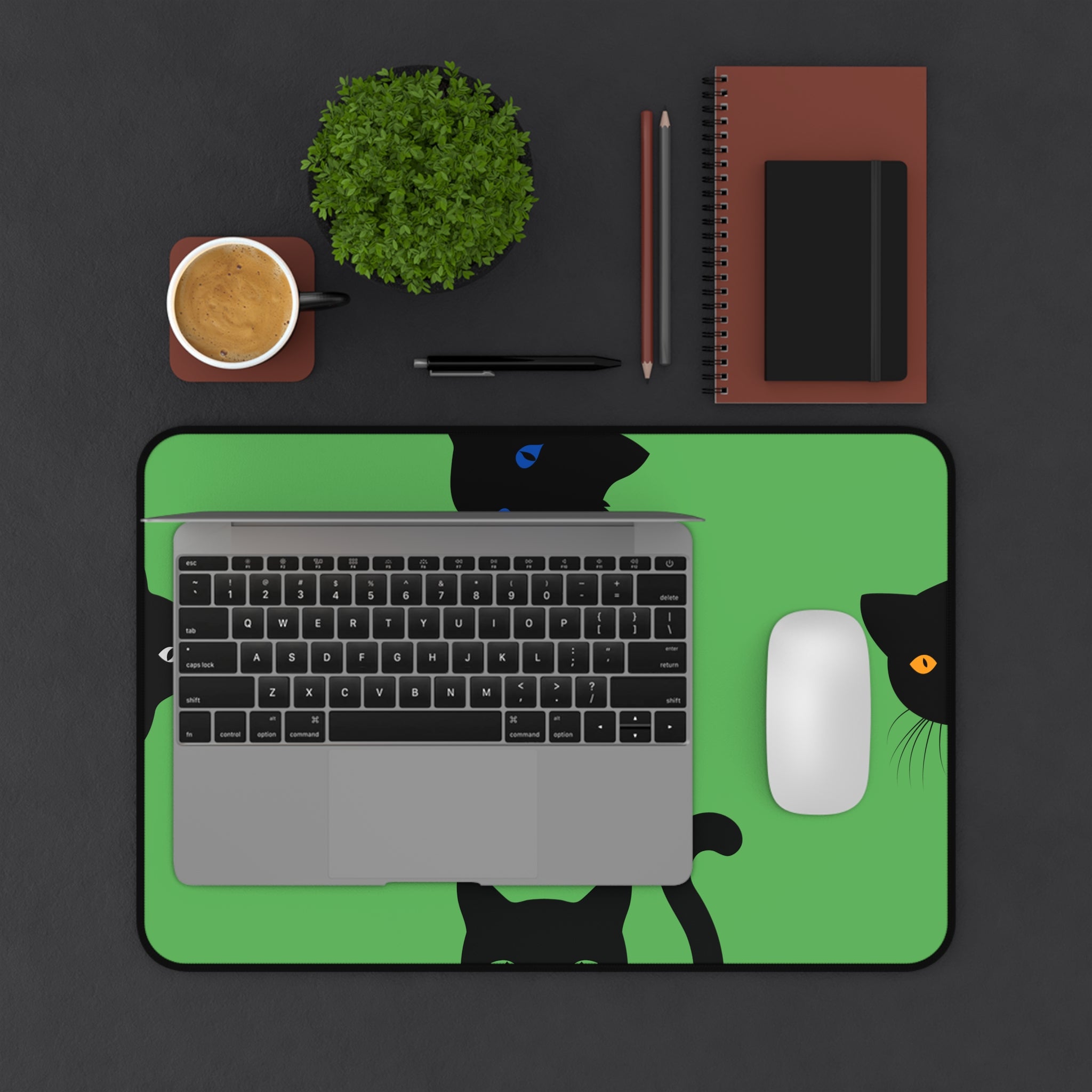 waterproof oversized desk mat with cat design in green