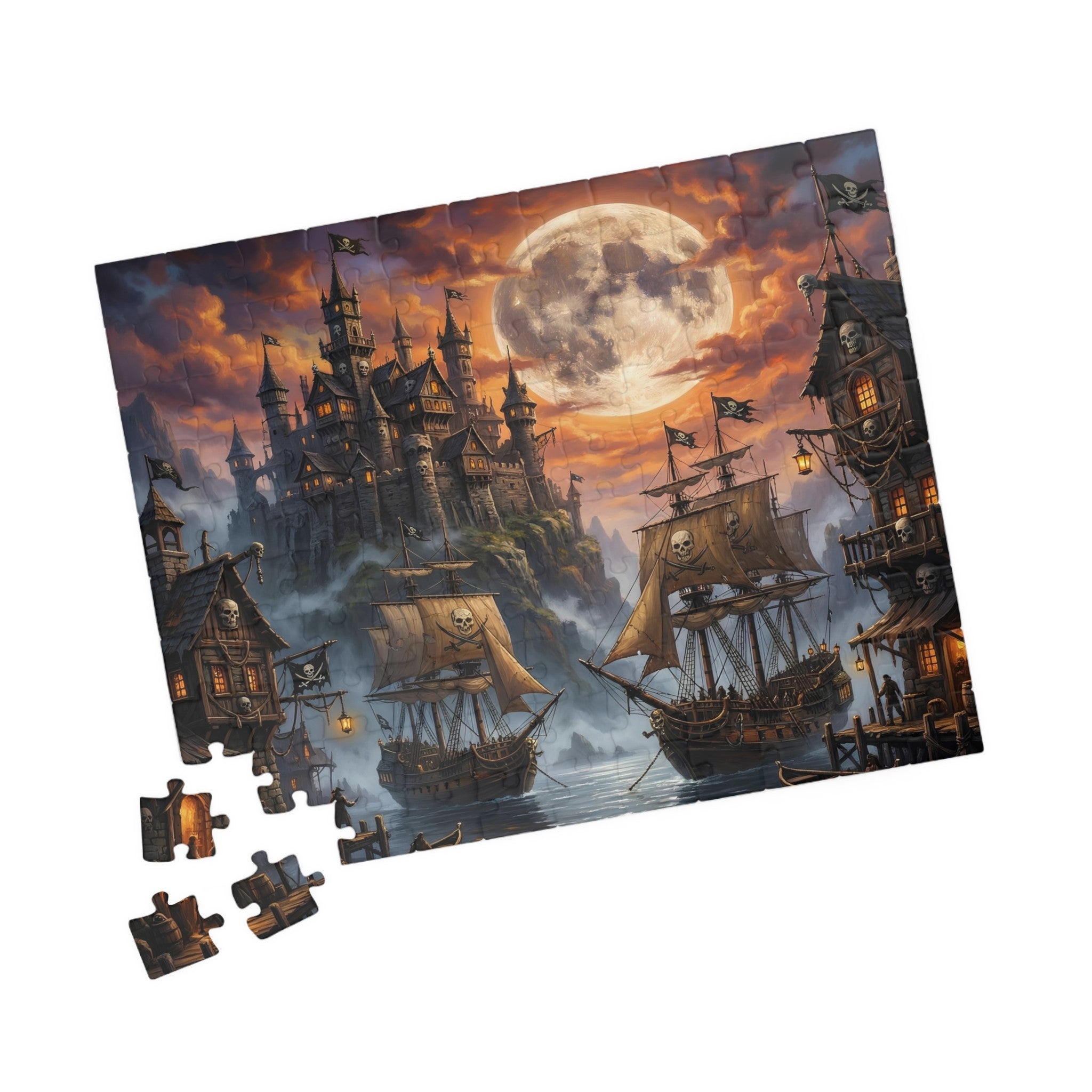 gothic pirate harbor art puzzle with wooden ships, fantasy adventure harbor jigsaw puzzle for book lovers, cinematic pirate port puzzle with glowing windows and docks