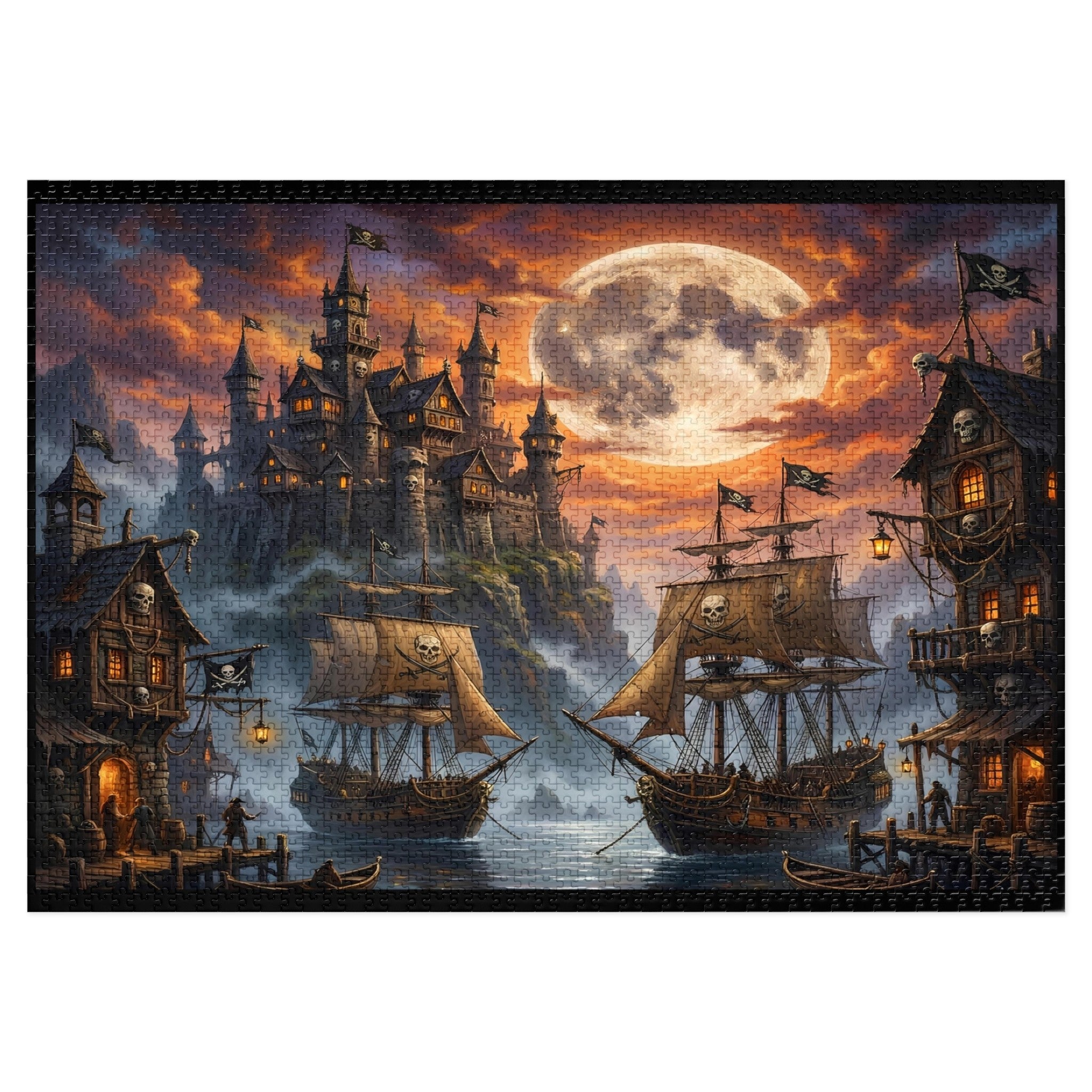 omantasy pirate harbor puzzle with glowing full moon, fantasy pirate port city puzzle for adults, dark fantasy harbor jigsaw puzzle with sailing ships, pirate island harbor puzzle with dramatic moon sky