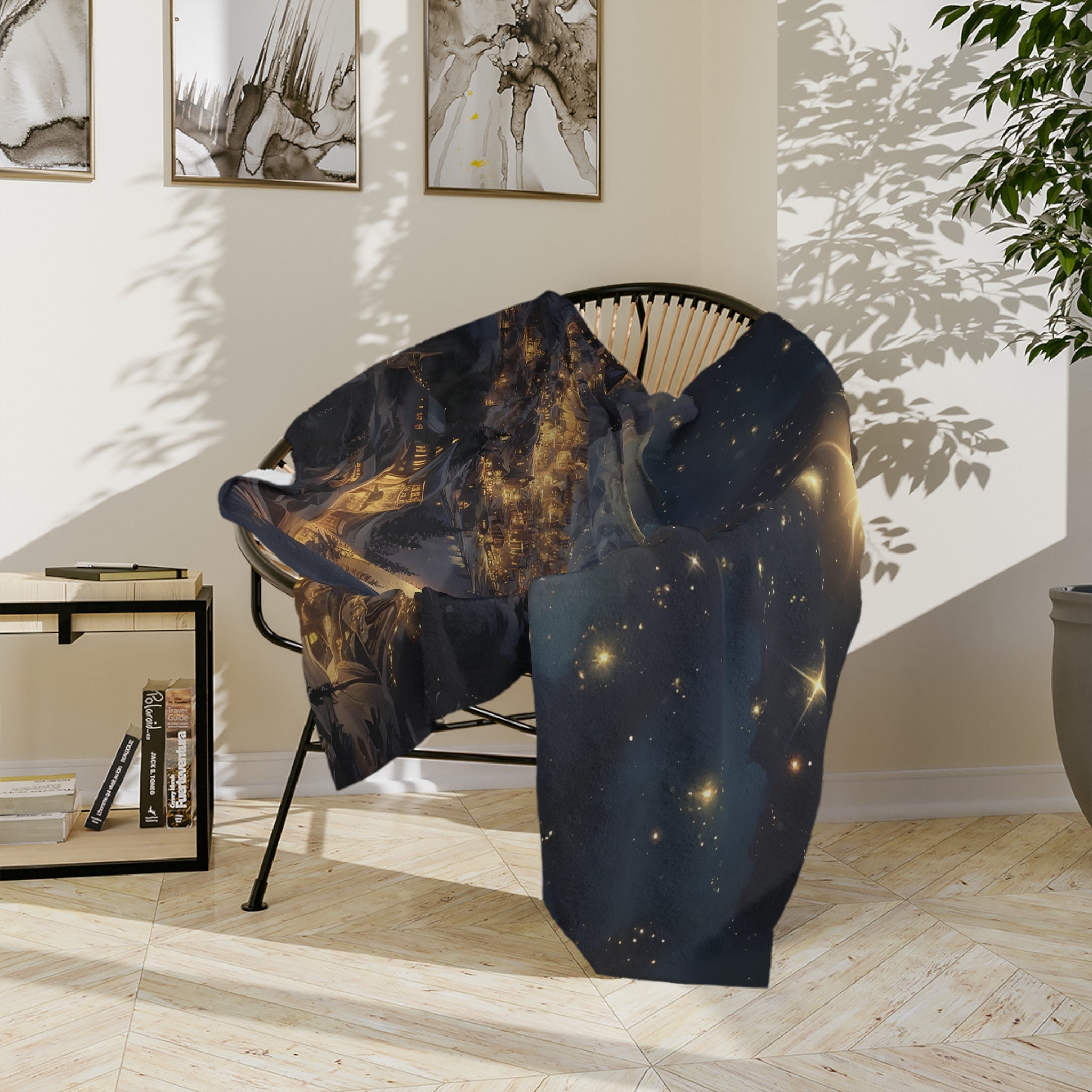 starry cityscape throw inspired by magical mountain realms,
warm fleece blanket with glowing peaks and dreamy night sky,
