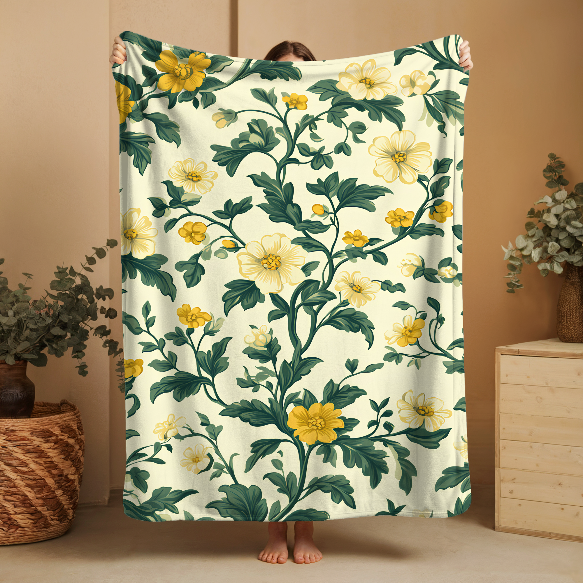 botanical toile blanket draped over reading chair, soft fleece floral blanket folded on bed, cozy vintage floral throw for farmhouse décor