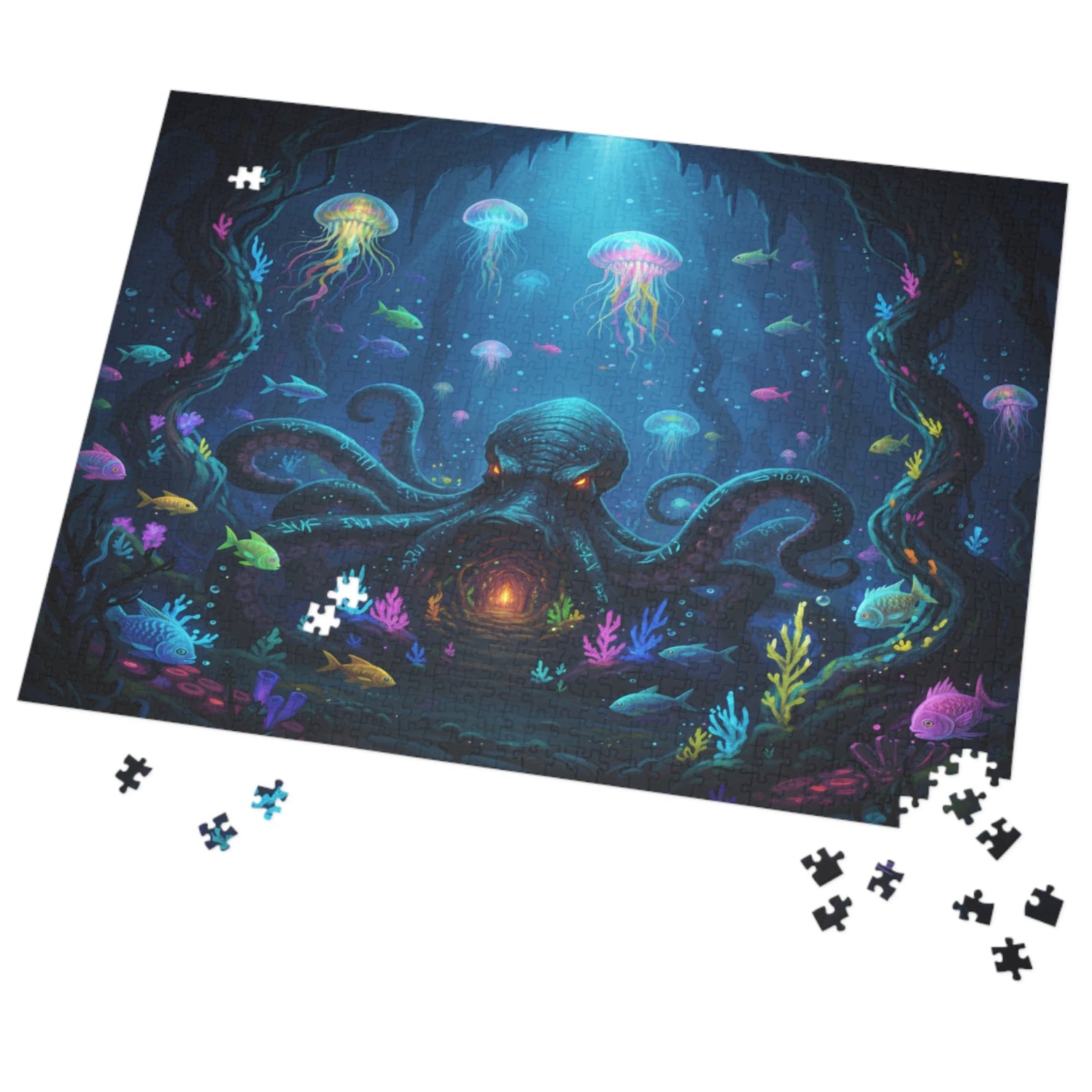 glowing jellyfish puzzle artwork, underwater coral reef puzzle