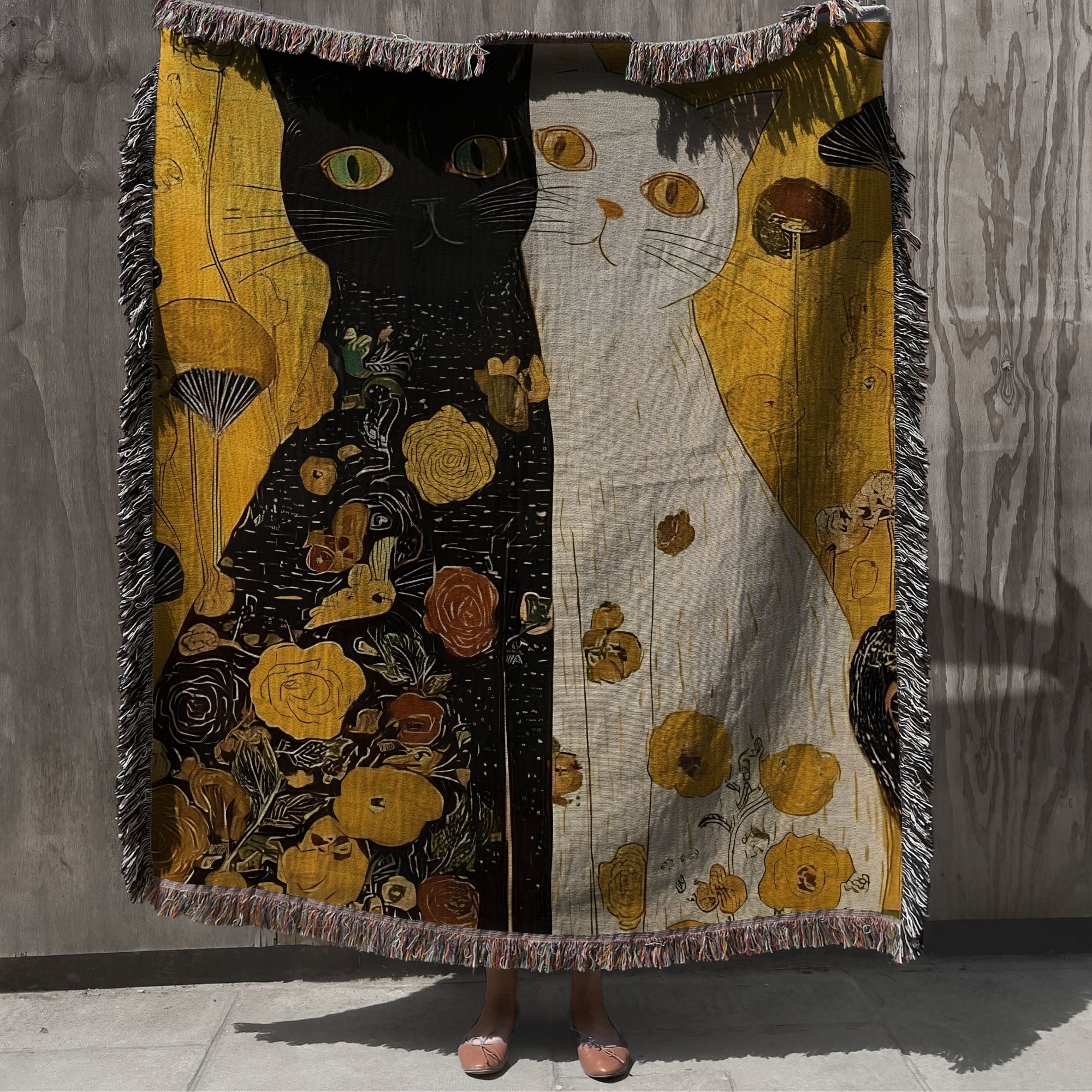 woven cat tapestry throw blanket with black and cream cats and golden flowers, cottagecore cat woven blanket for cozy living room sofa