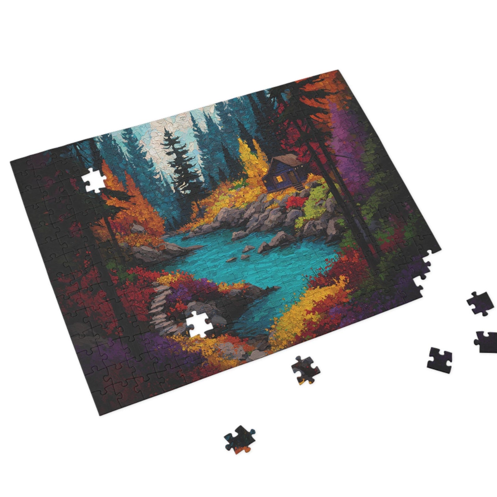 Autumn Cabin by the River Jigsaw Puzzle Cozy Fall Landscape Scene for Adults, Nature Retreat Gift