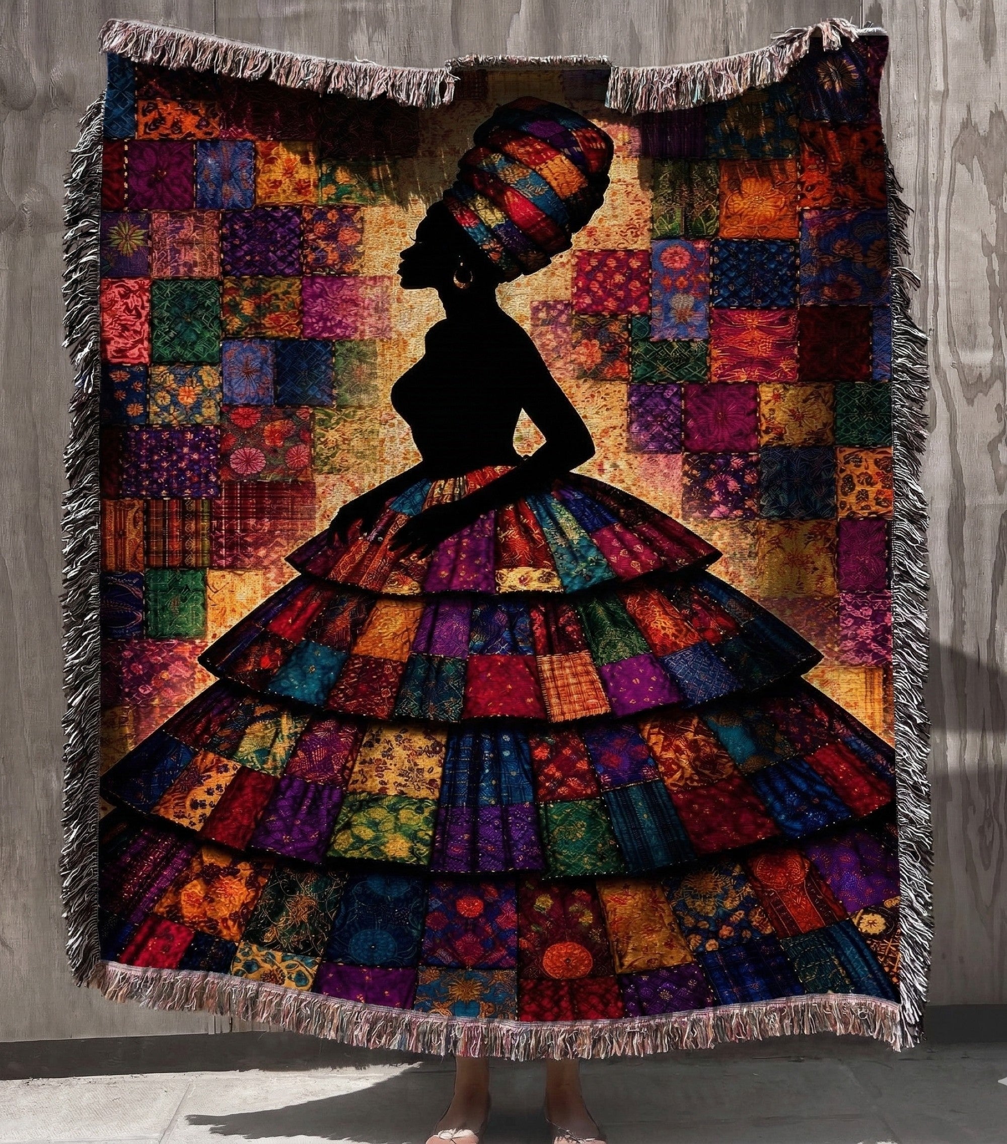 afrocentric tapestry wall blanket, black art woven cotton throw, queen silhouette art blanket