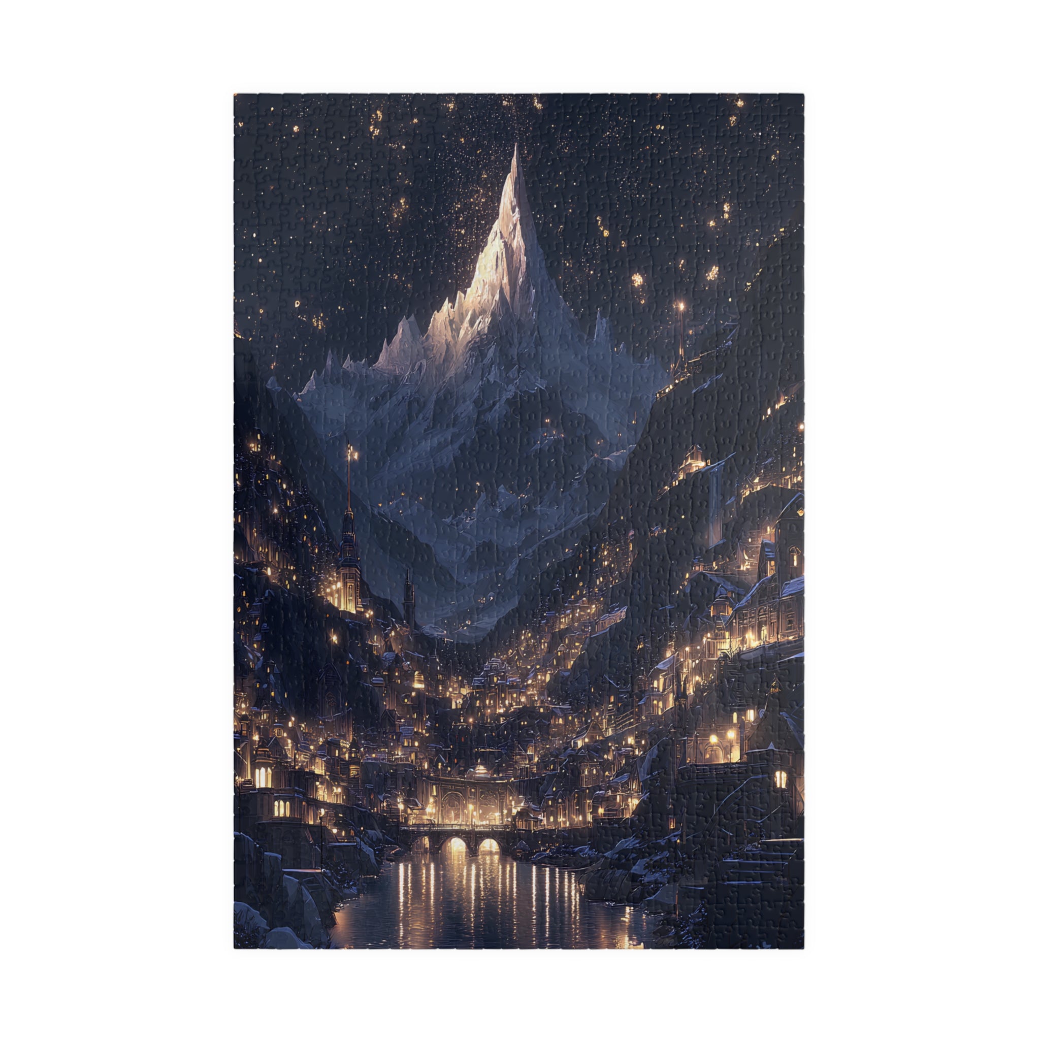 Fantasy Mountain Christmas Village Puzzle – Starry Night Snowy River Town Fairytale Jigsaw Gift