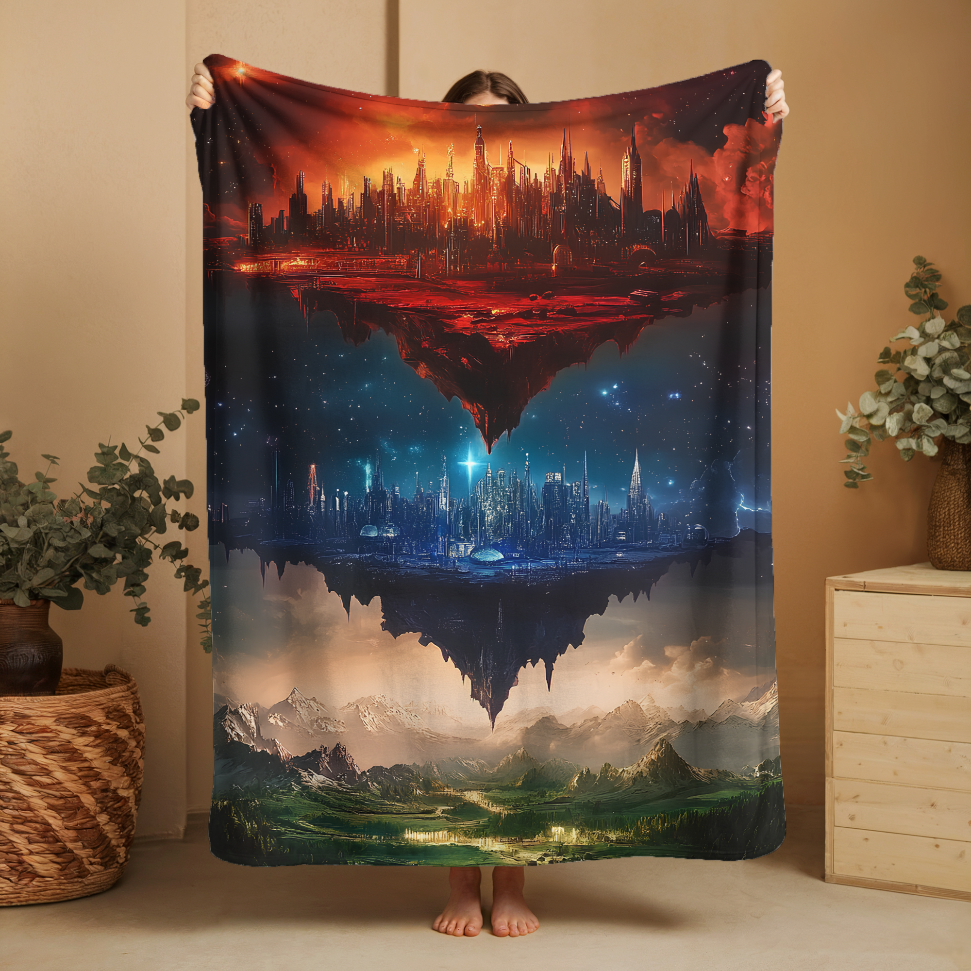 Cozy woven blanket featuring surreal floating world cityscape design