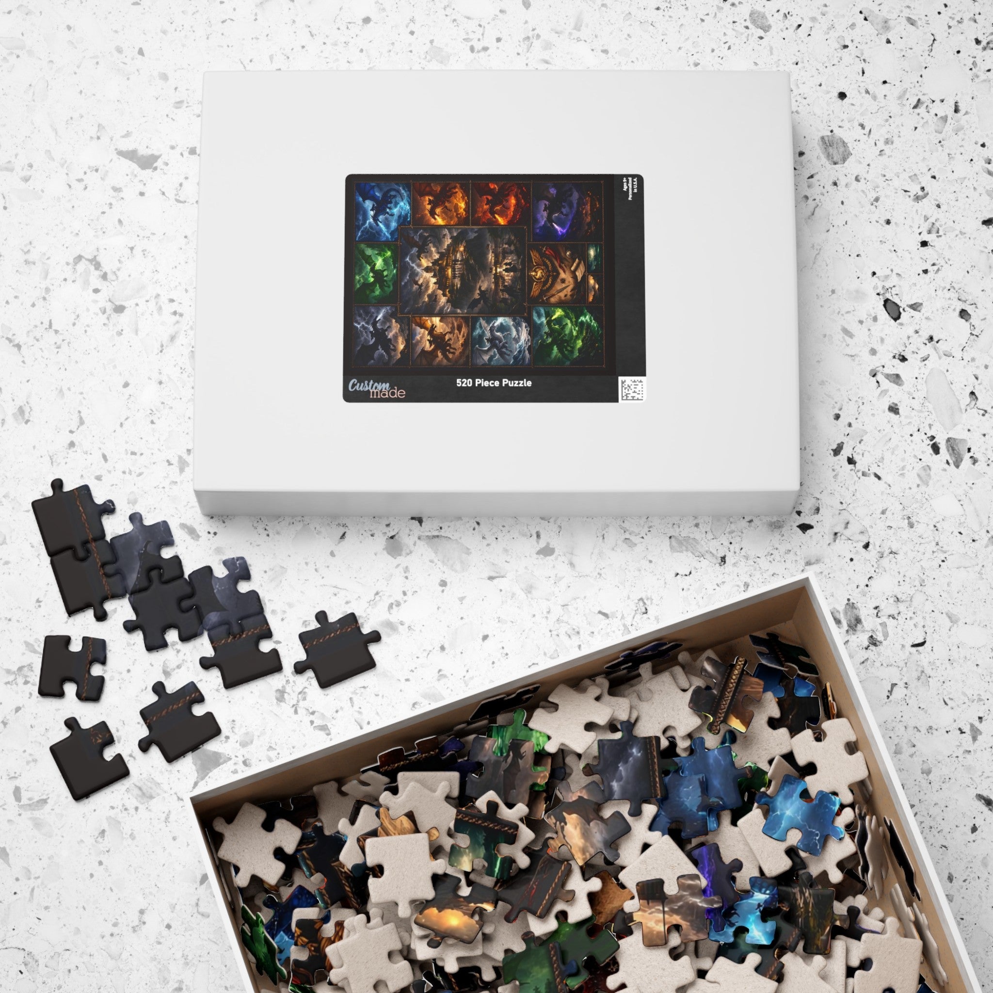 fantasy dragon collector puzzle scene, cinematic dragon art jigsaw puzzle, stormy sky dragon rider artwork