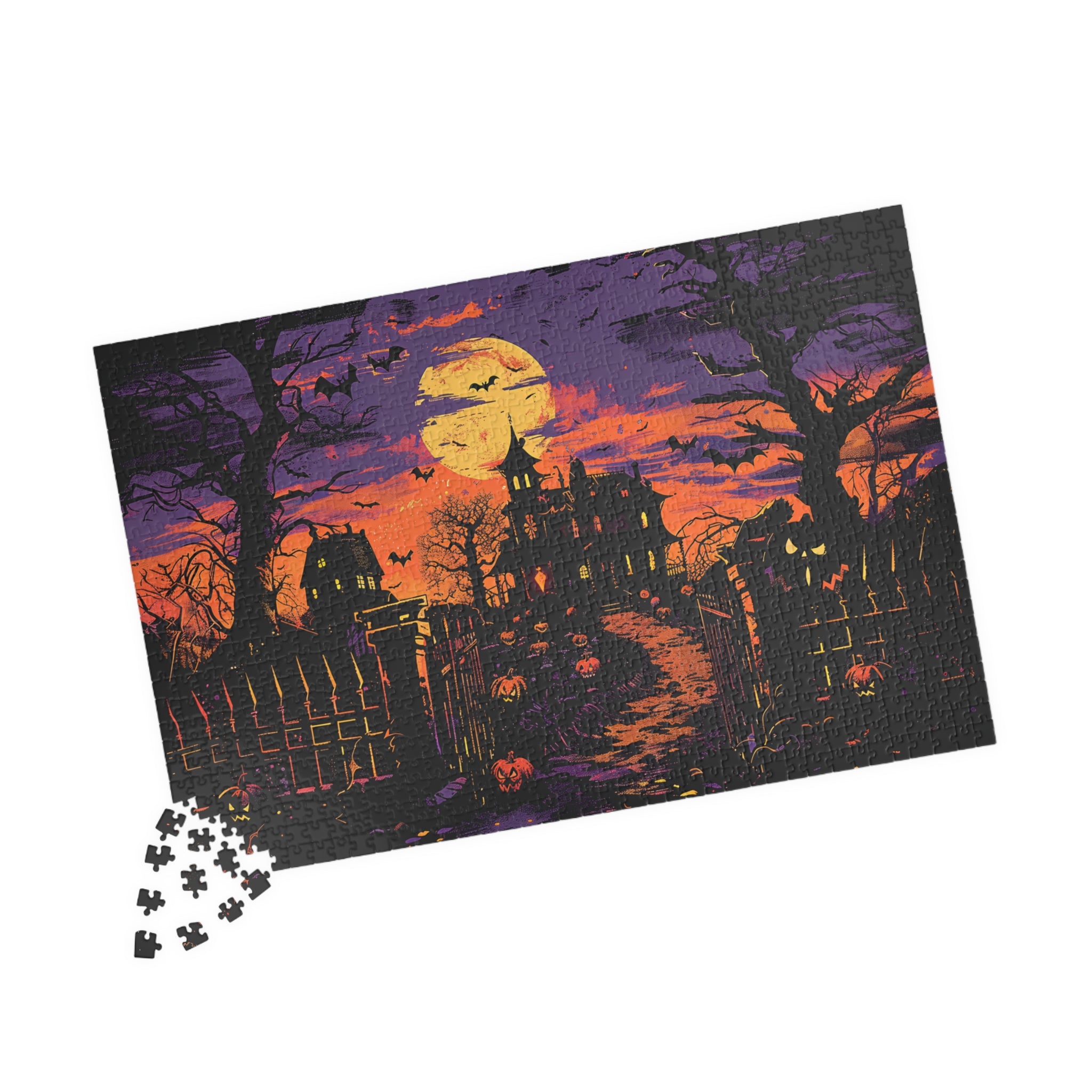 Haunted Mansion Halloween Jigsaw Puzzle Spooky Moonlit Gothic House with Pumpkins, Bats & Autumn Night