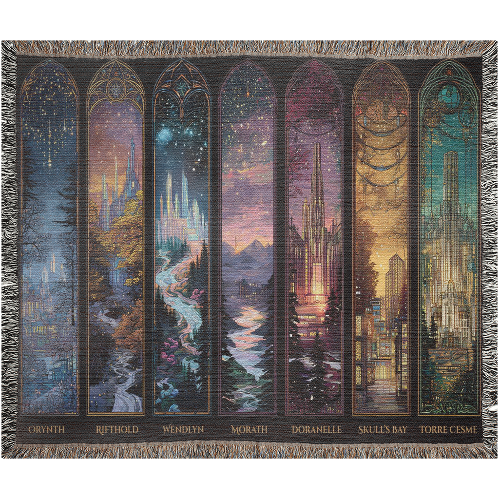 cozy tapestry blanket with illustrated fantasy skyline, woven fantasy blanket styled as wall art throw, scenic fantasy city woven blanket for sofa decor