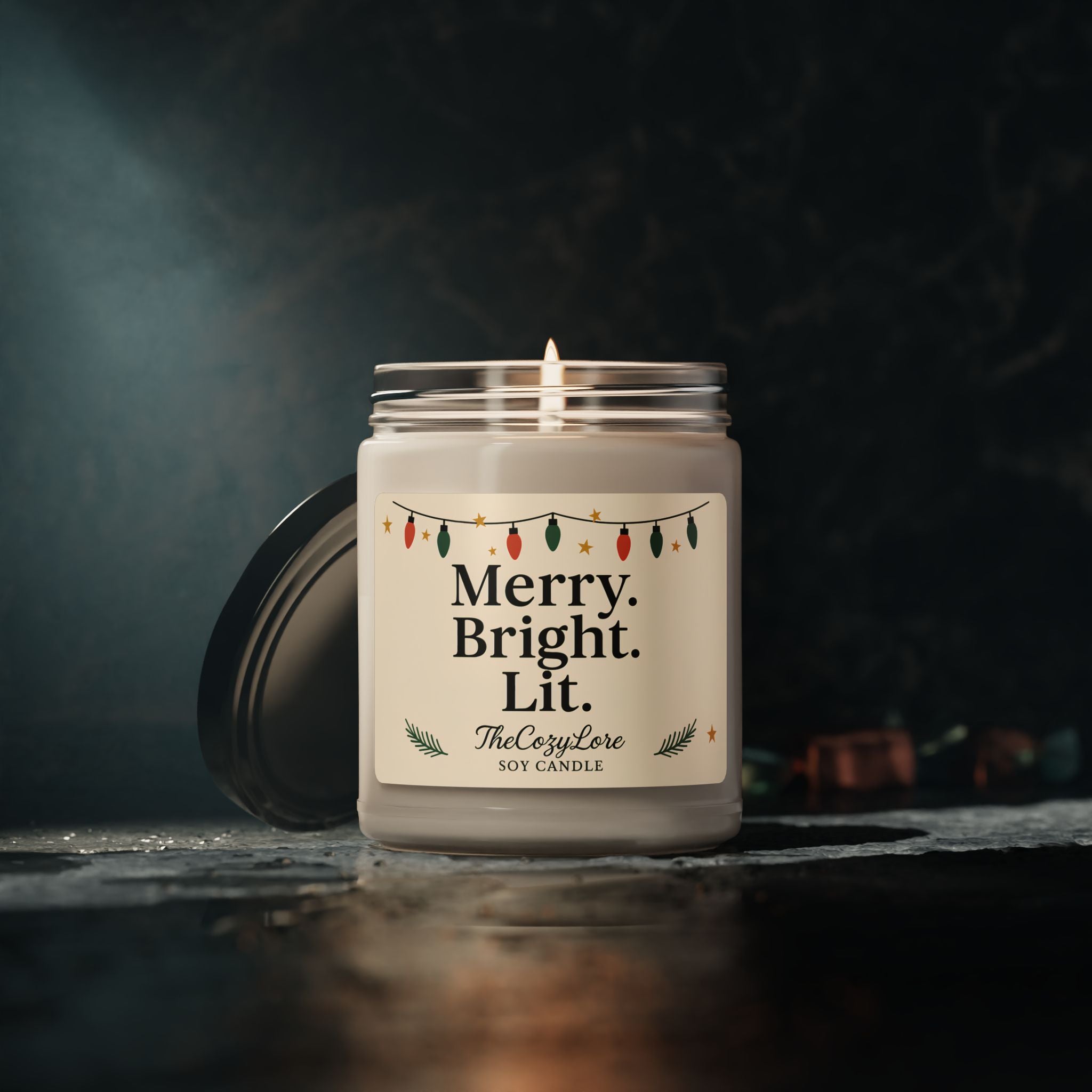 Merry Bright Lit Holiday Soy Candle Christmas Decor Jar, Winter Scented Gift for Home