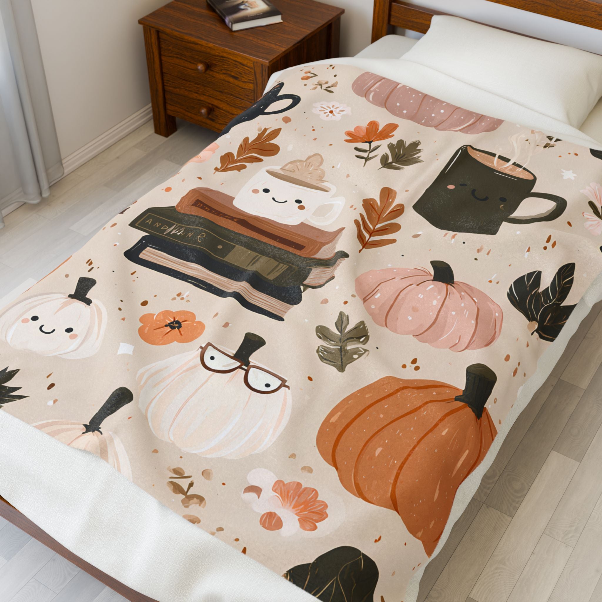 Cozy Velveteen Fall Blanket โ Pumpkin Coffee Floral Print Autumn Throw, Cottagecore Neutral Decor