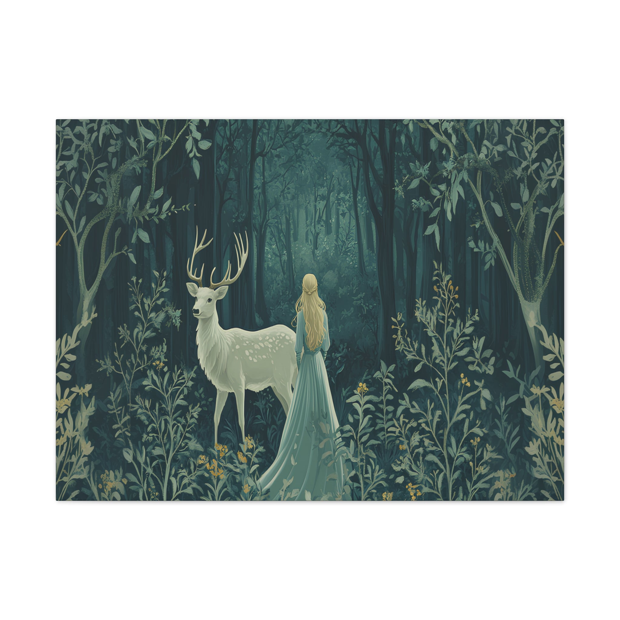 Enchanted Forest Stag & Maiden Canvas Wall Art Mystical Woodland Nature Lover Home Décor