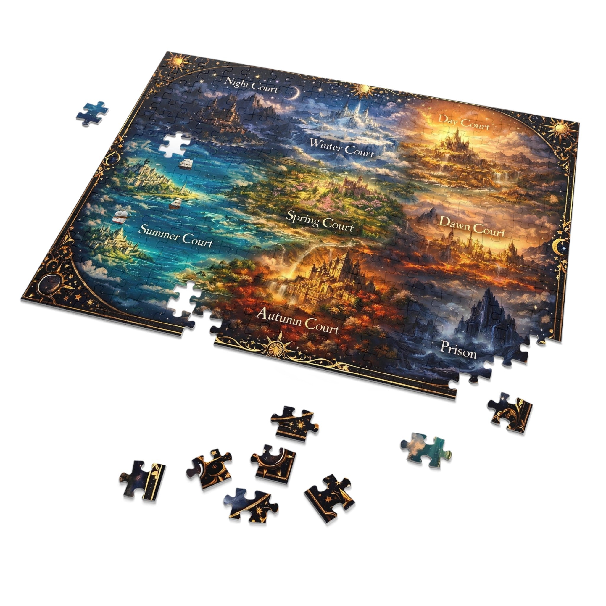 book lover fantasy puzzle artwork with ornate frame border, fantasy illustration puzzle with ocean and mountain regions, magical world map puzzle for cozy hobby nights