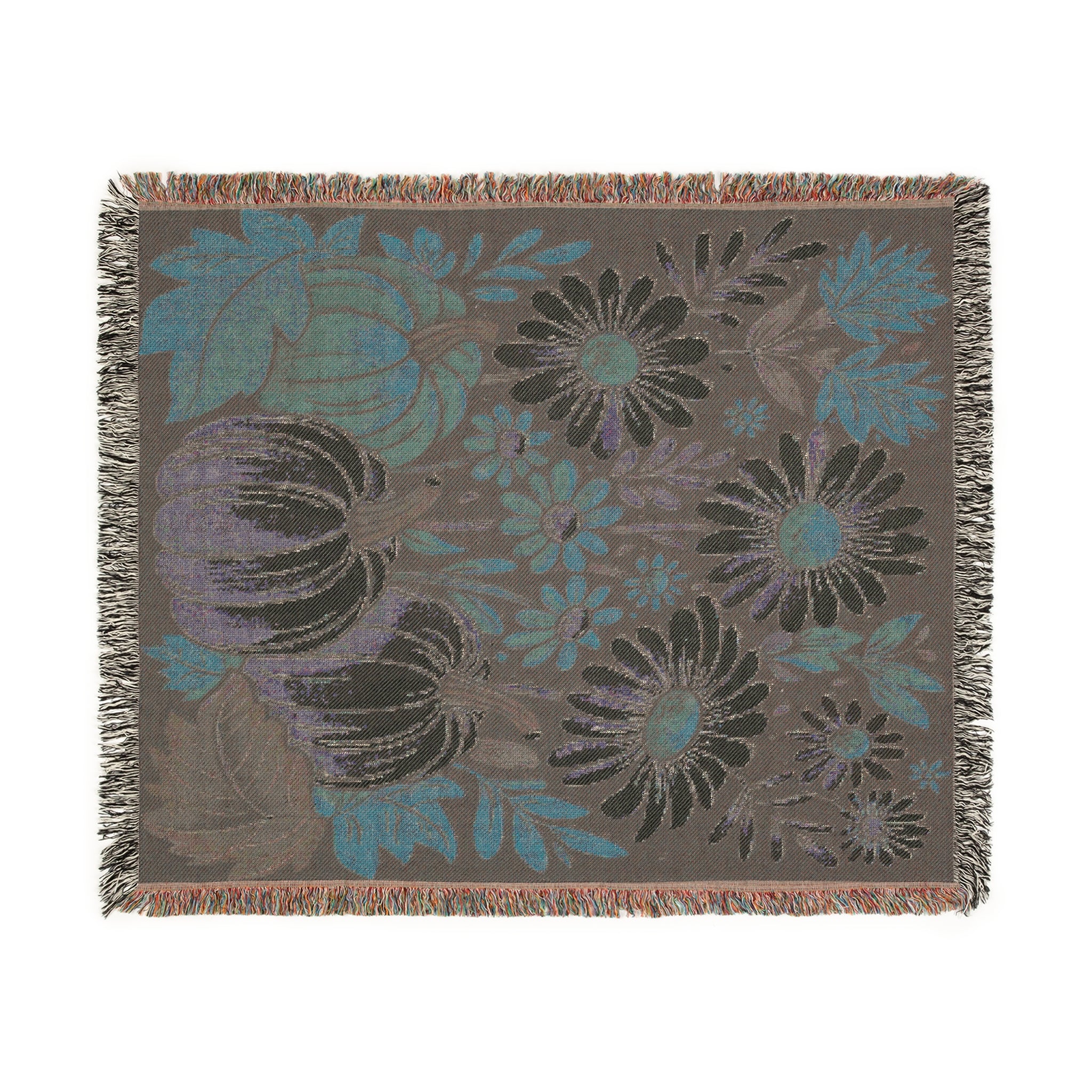 Pumpkin & Daisy Woven Throw Blanket – Cozy Autumn Harvest Farmhouse Fall Decor | Rustic Floral Tapestry