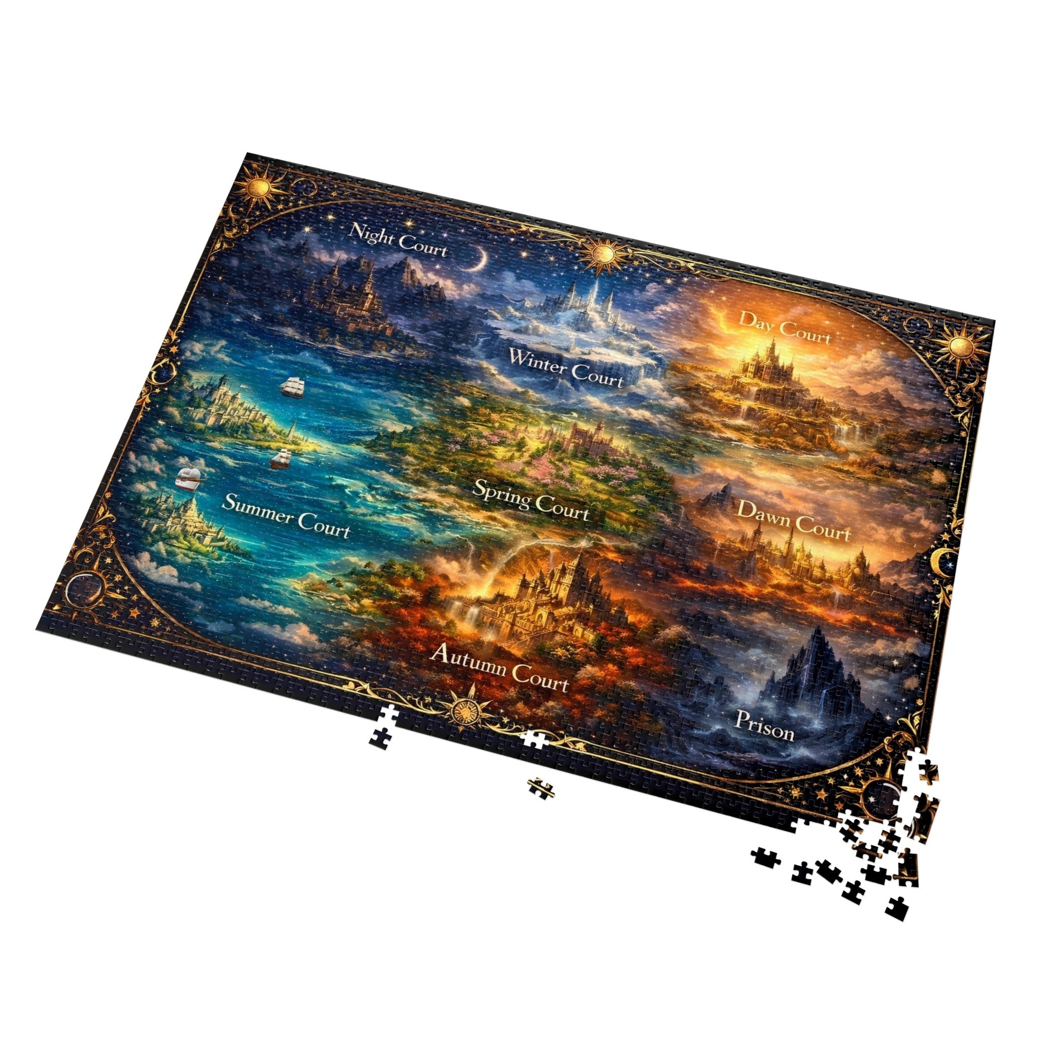 fantasy décor puzzle featuring enchanted lands, adult fantasy map puzzle designed for framing, fantasy world illustration jigsaw puzzle gift idea