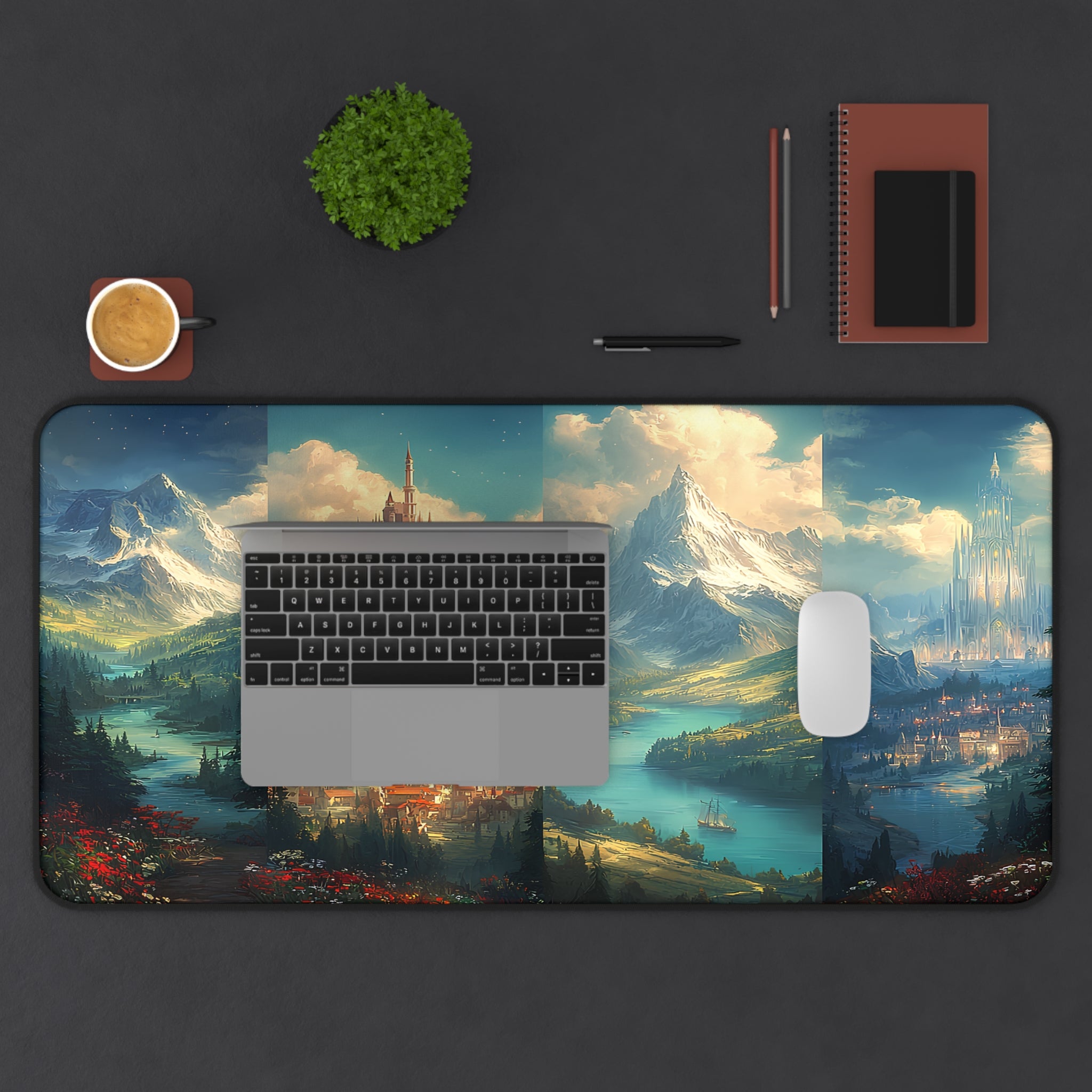 large neoprene mouse pad with fantasy artwork, bookish gift desk mat for cozy home offices
