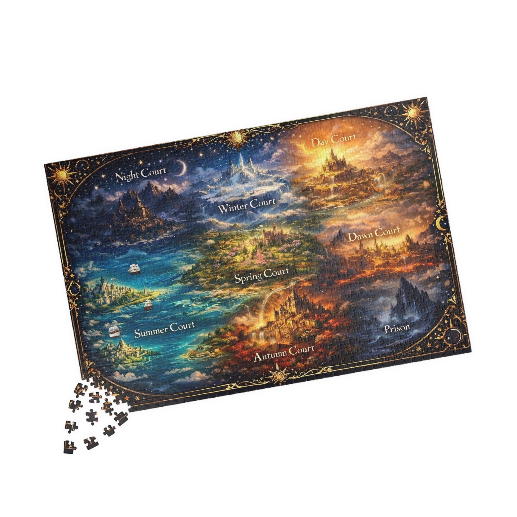 fantasy courts map wall art puzzle illustration with magical realms, fantasy world map jigsaw puzzle laid flat with scattered pieces