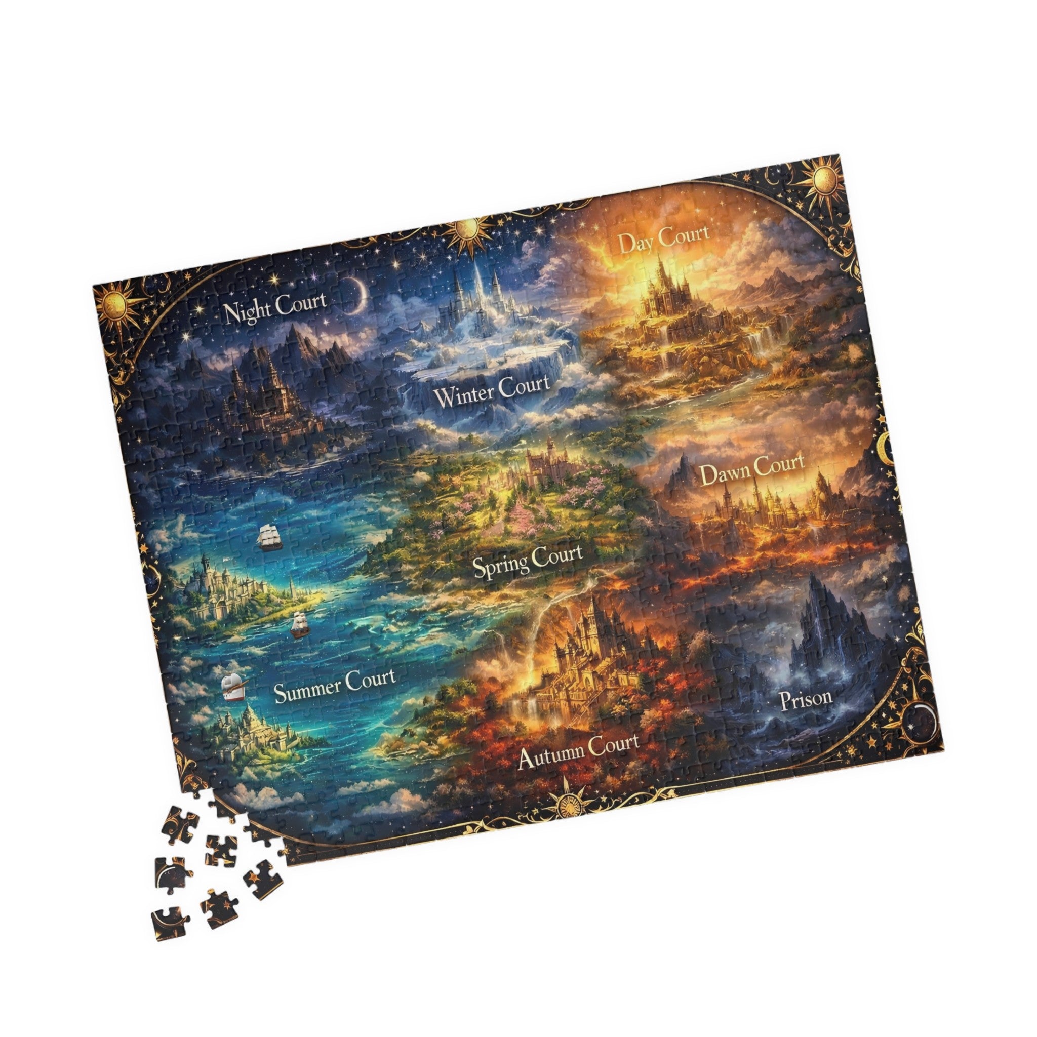 cozy reading nook fantasy puzzle artwork, magical courts fantasy map puzzle with decorative stars, adventure world fantasy puzzle illustration