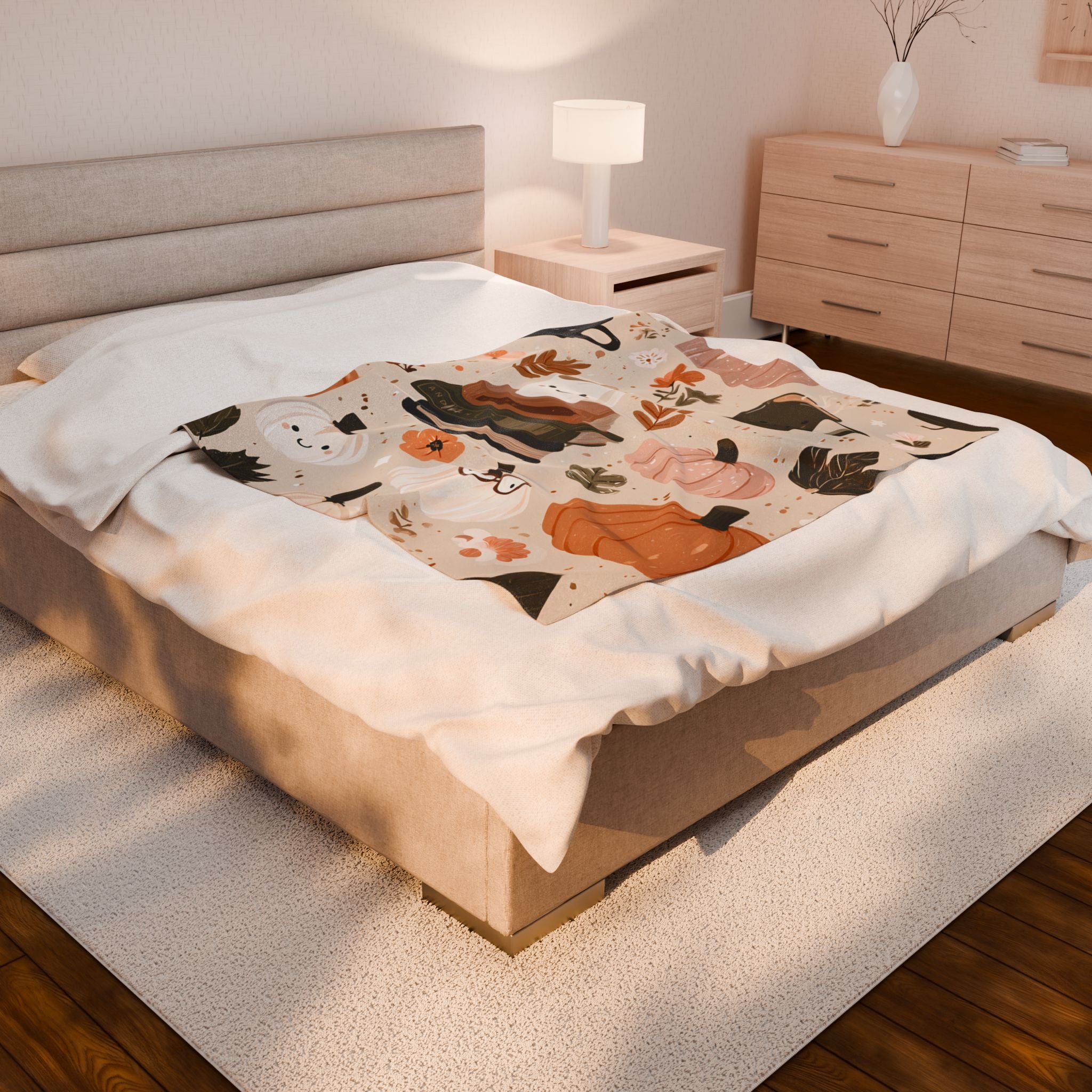 Cozy Velveteen Fall Blanket โ Pumpkin Coffee Floral Print Autumn Throw, Cottagecore Neutral Decor