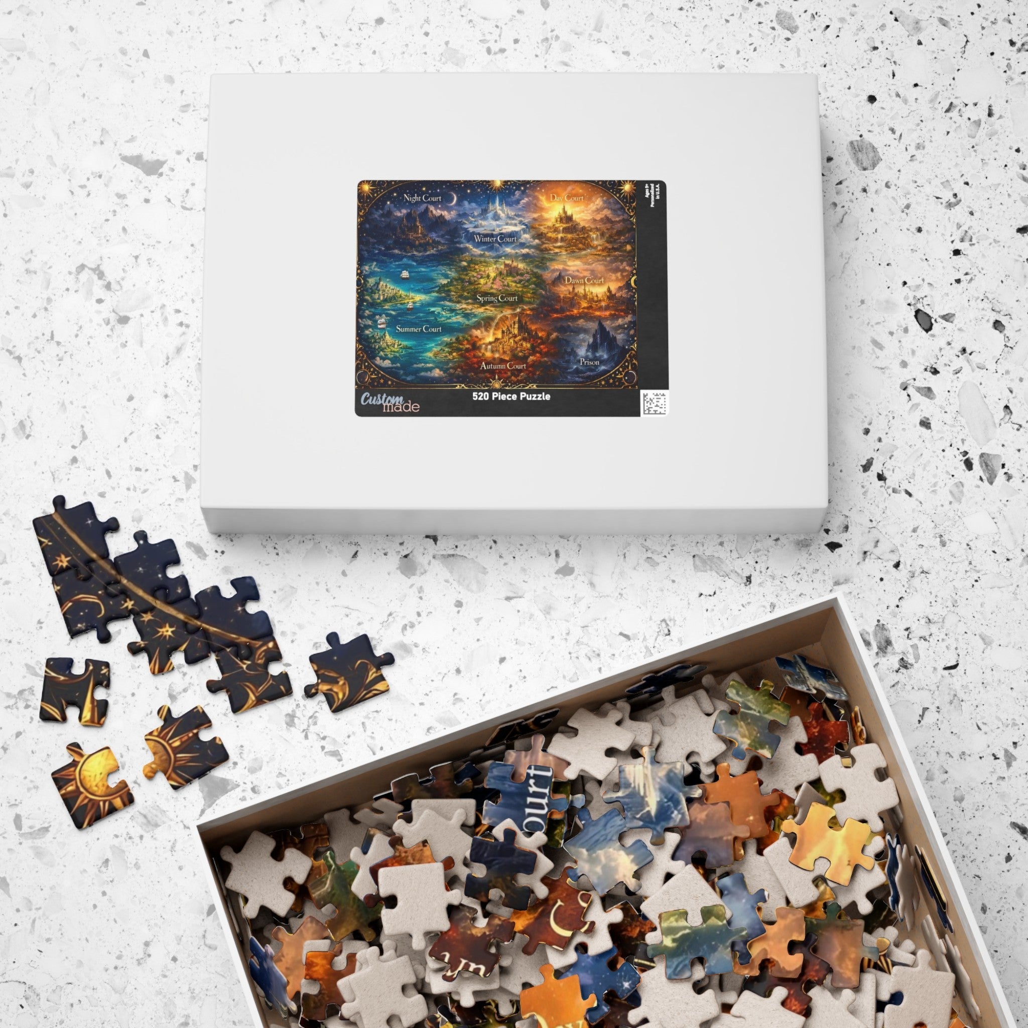 fantasy landscape map puzzle with vibrant colors, collector fantasy wall art jigsaw puzzle image, imaginative fantasy courts illustration puzzle pieces