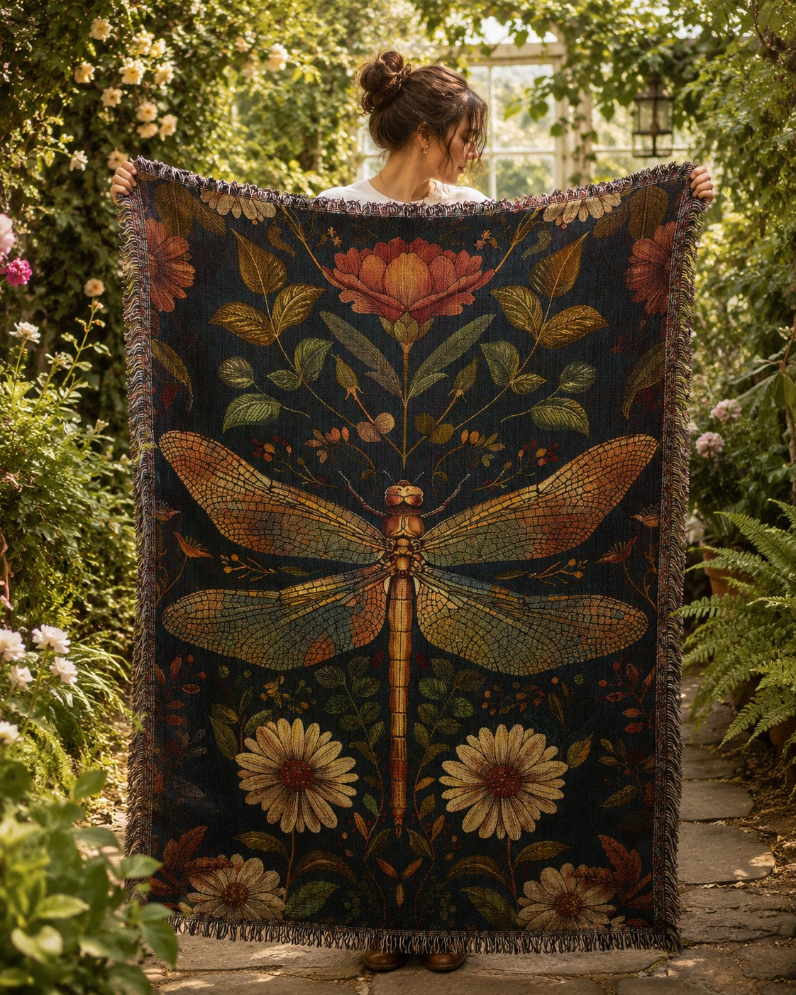 Dragonfly Wildflower Woven Throw Blanket – Heirloom Cotton Cottagecore Tapestry