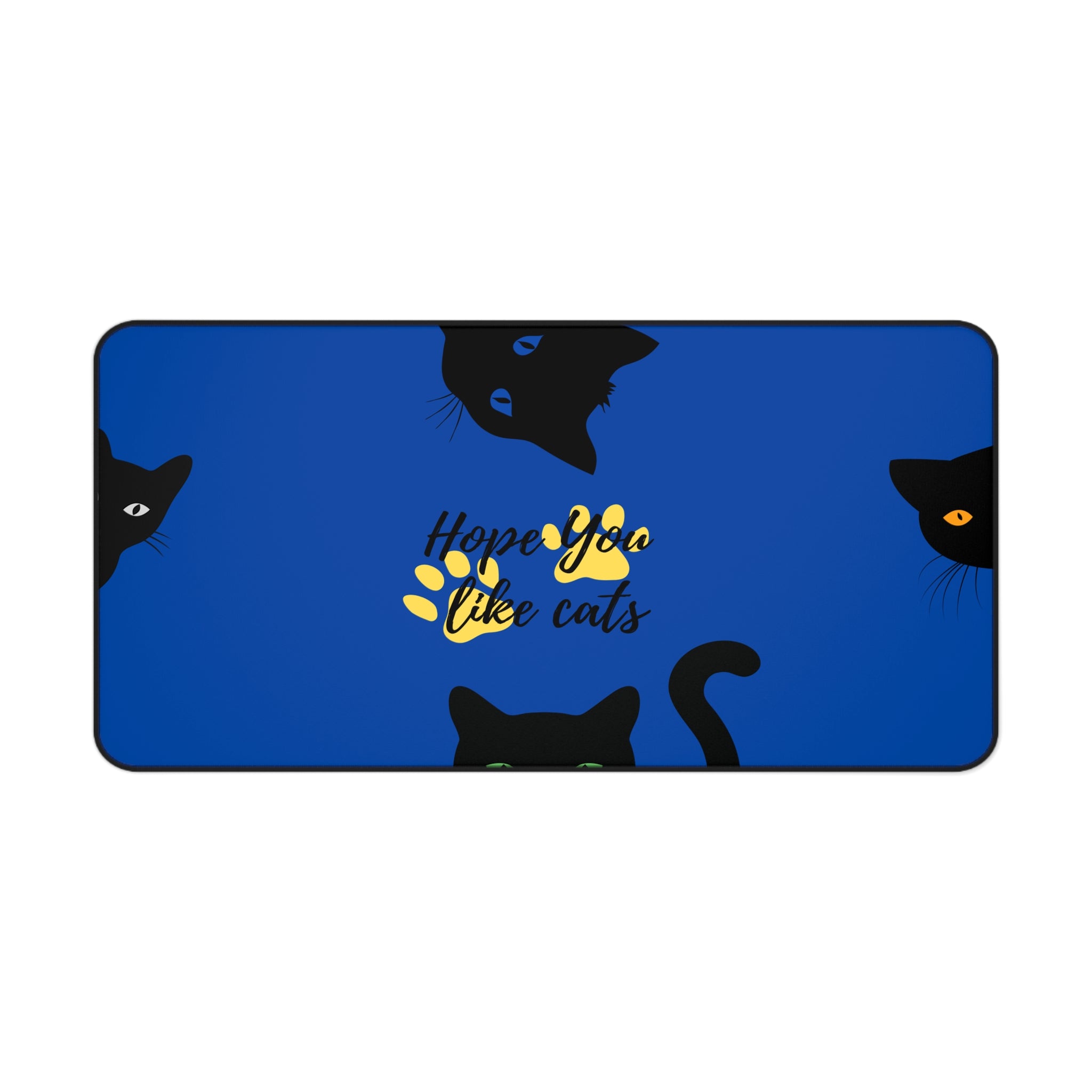 large neoprene desk mat with kawaii black cat illustration