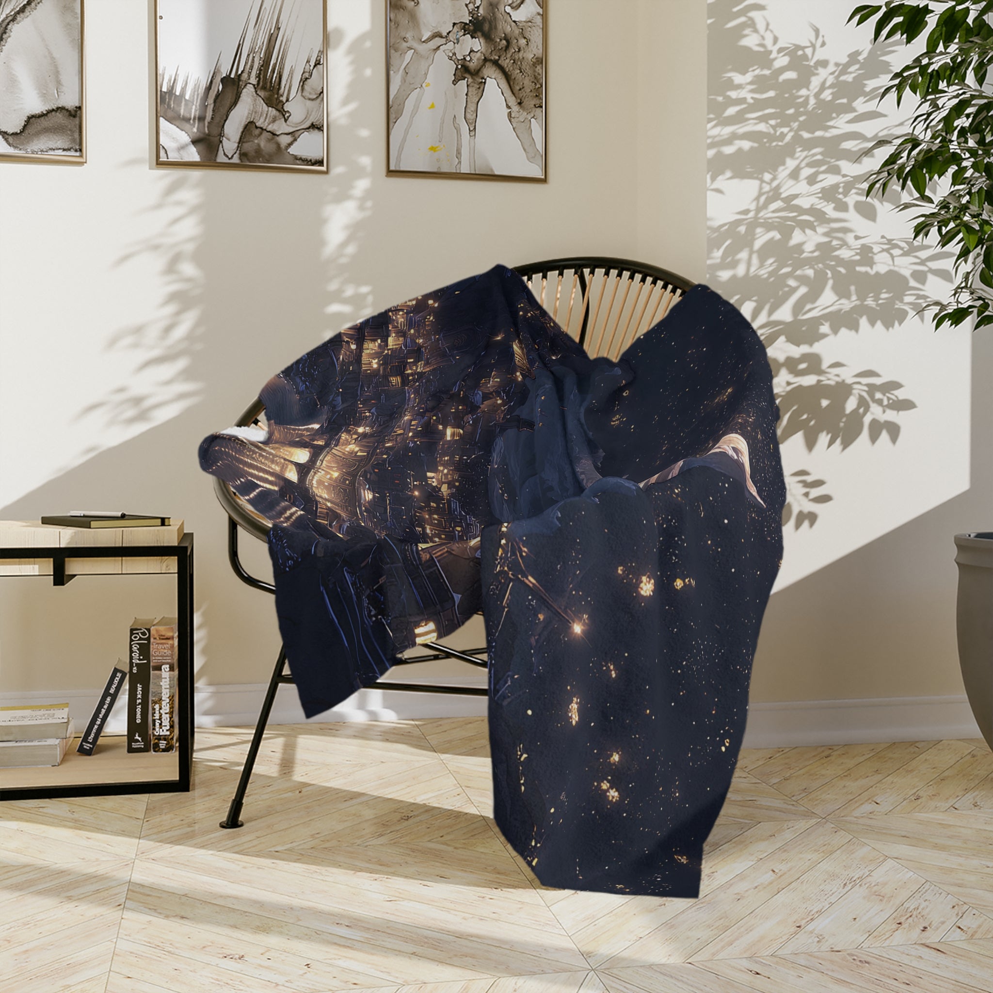 fantasy inspired blanket featuring moonlit mountain skyline, celestial fleece throw draped over sofa with night city print