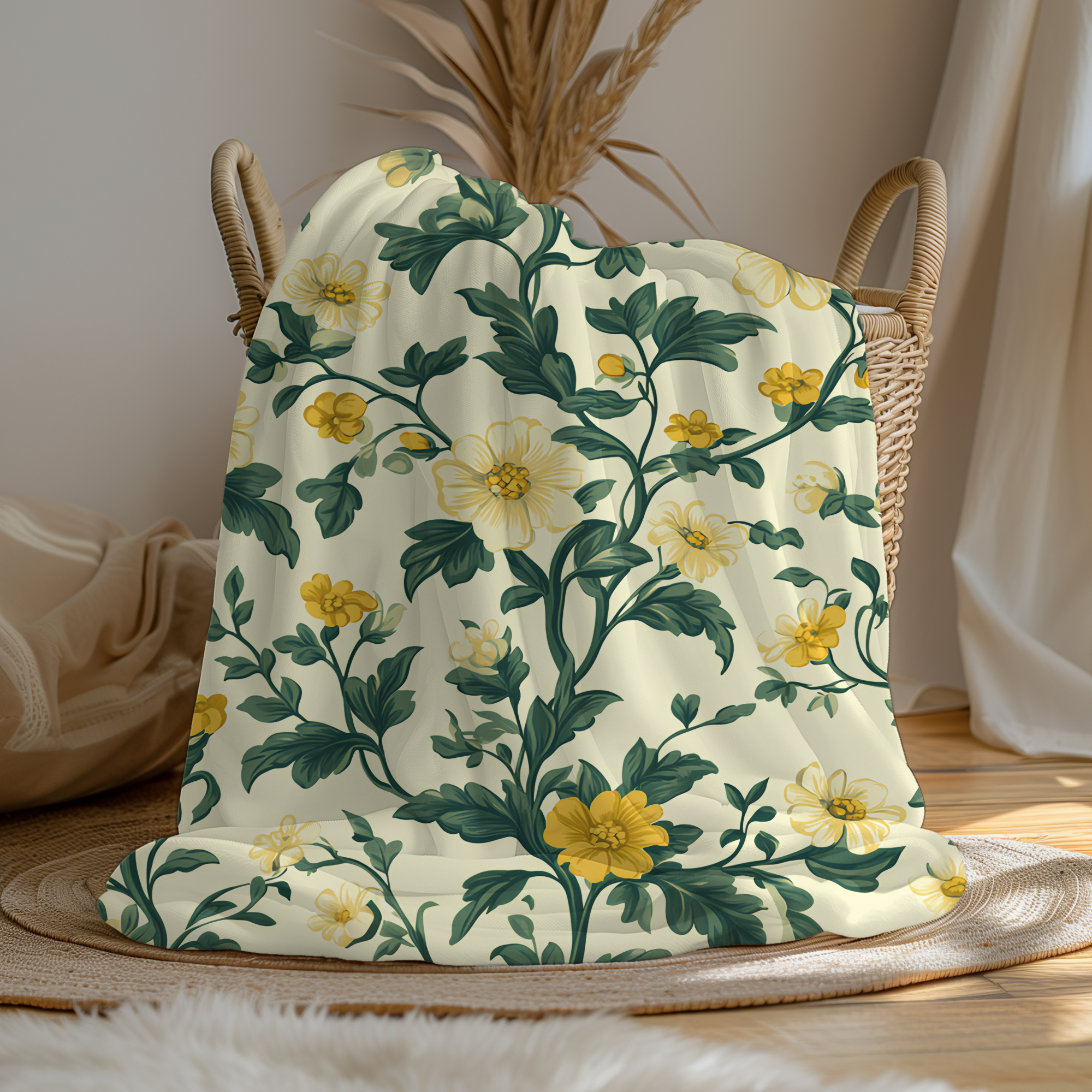 vintage yellow floral fleece blanket with toile pattern on beige wall, soft botanical throw blanket for cozy reading nook, cottagecore yellow floral blanket on sofa