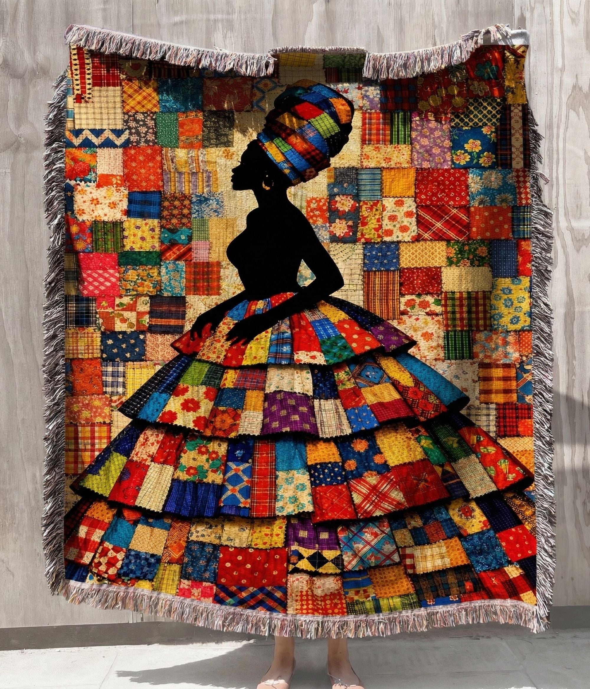 vibrant jewel tone patchwork woven cotton blanket with queen silhouette, afrocentric tapestry throw with colorful fringe edges