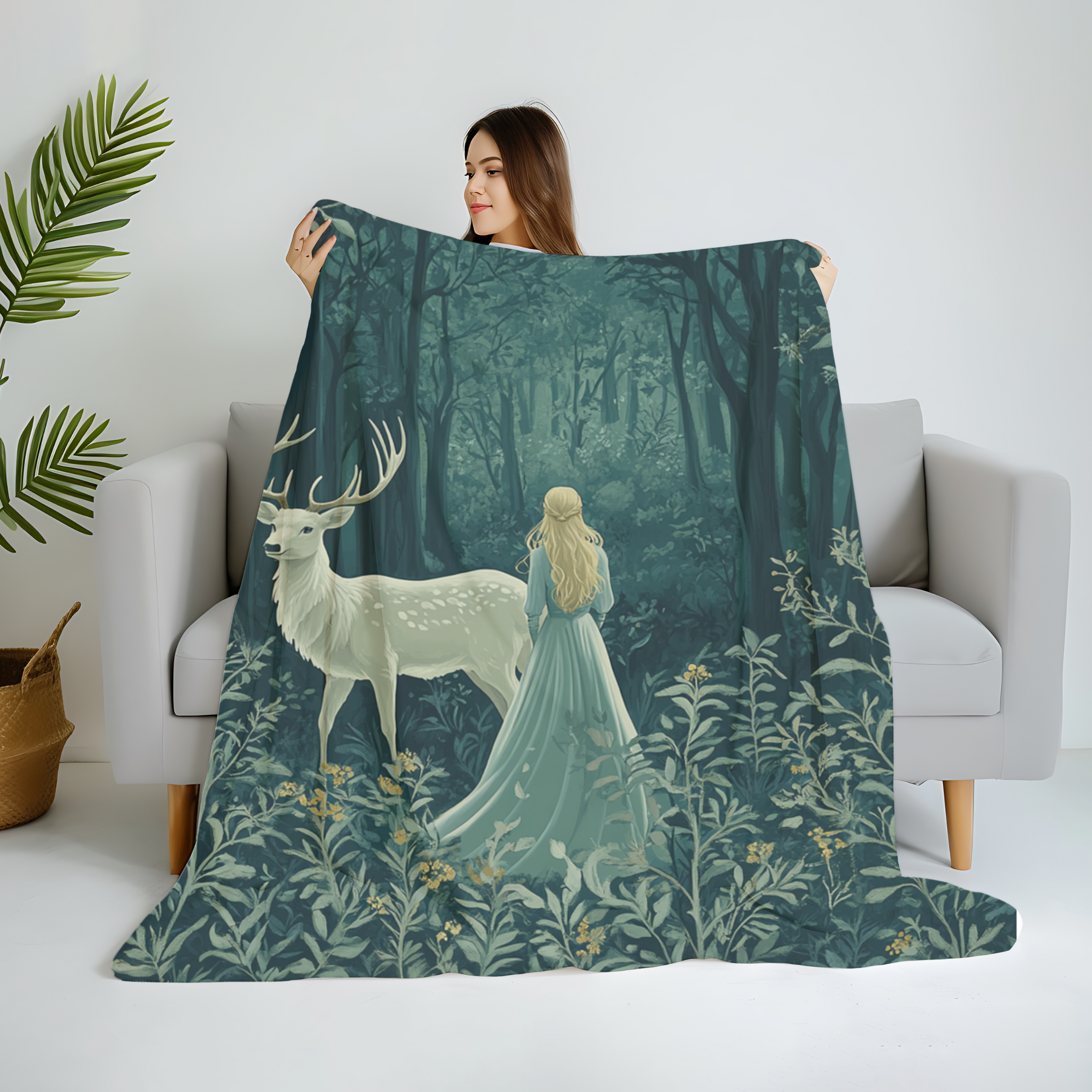 Mystical northern forest art printed on cozy fleece throw,
Fantasy forest blanket gift for readers and dreamers,