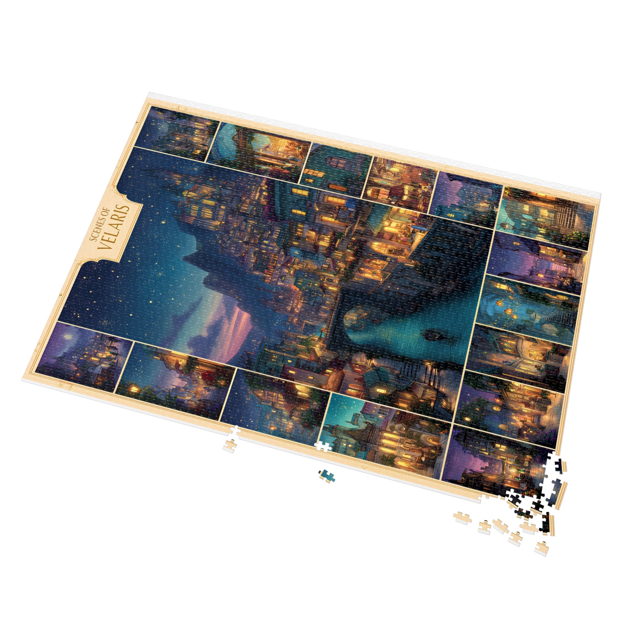 relaxing jigsaw puzzle with dreamy skyline, night city puzzle with lanterns and bridges, book lover gift puzzle with fantasy artwork