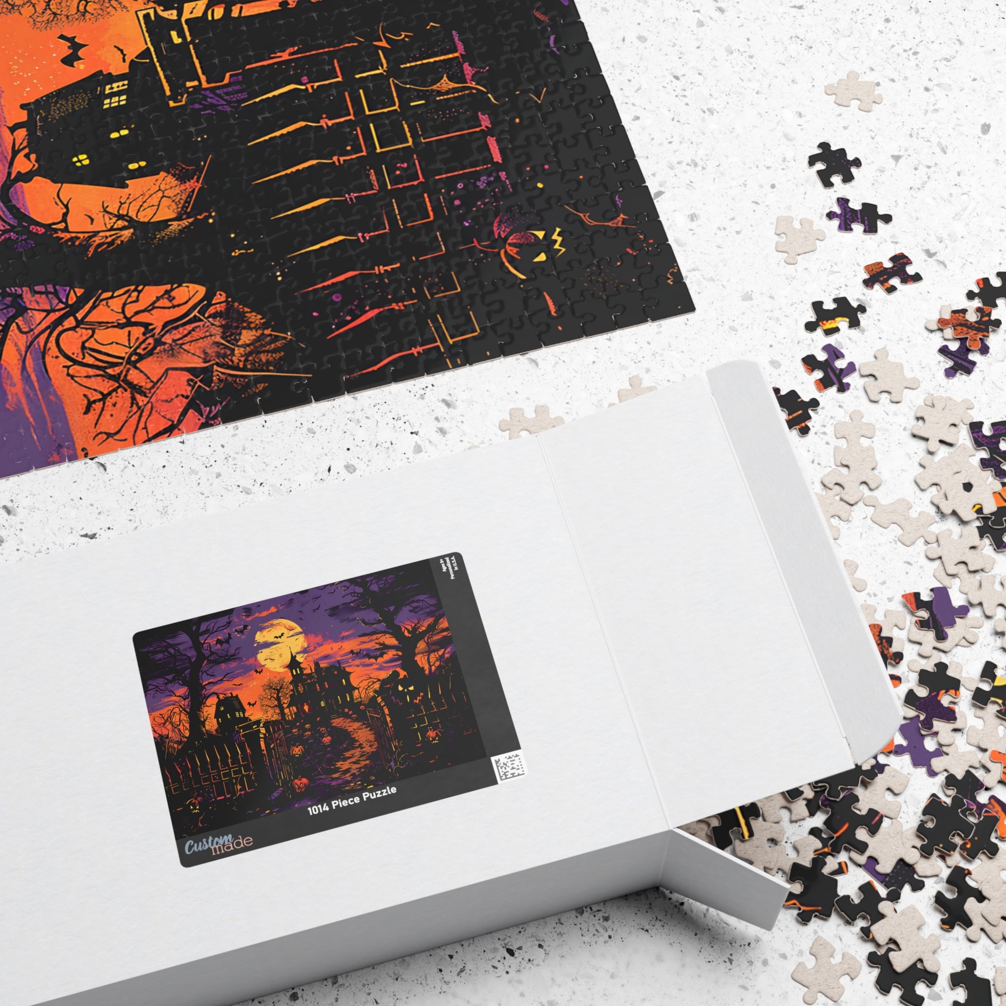 Haunted Mansion Halloween Jigsaw Puzzle Spooky Moonlit Gothic House with Pumpkins, Bats & Autumn Night