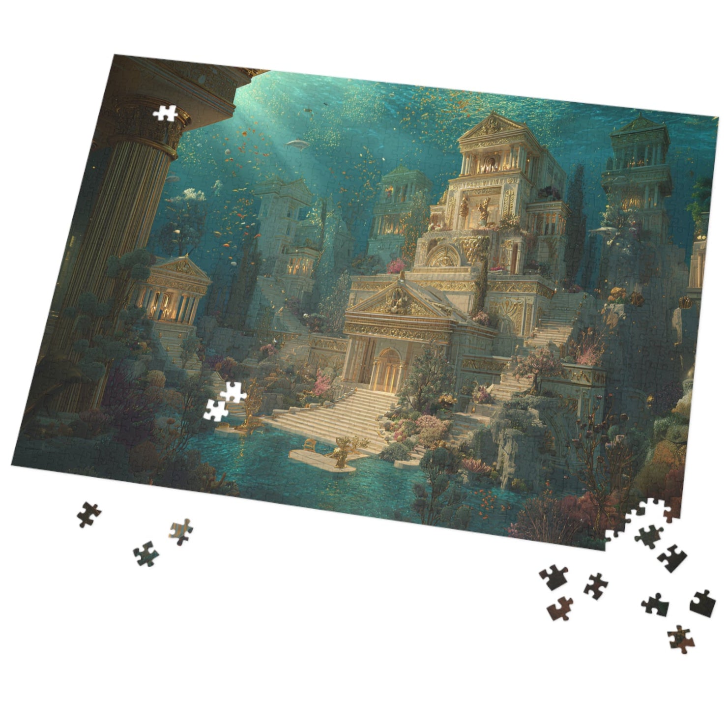 Jigsaw puzzle with completed pieces set against a white background. Ocean themed Atlantis puzzle with coral reef and golden city illustration.