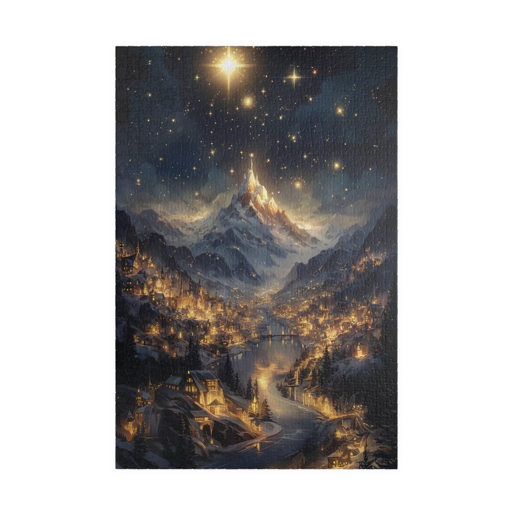 Fantasy Christmas Village Jigsaw Puzzle – Starry Night Snowy Mountain Town Holiday Gift