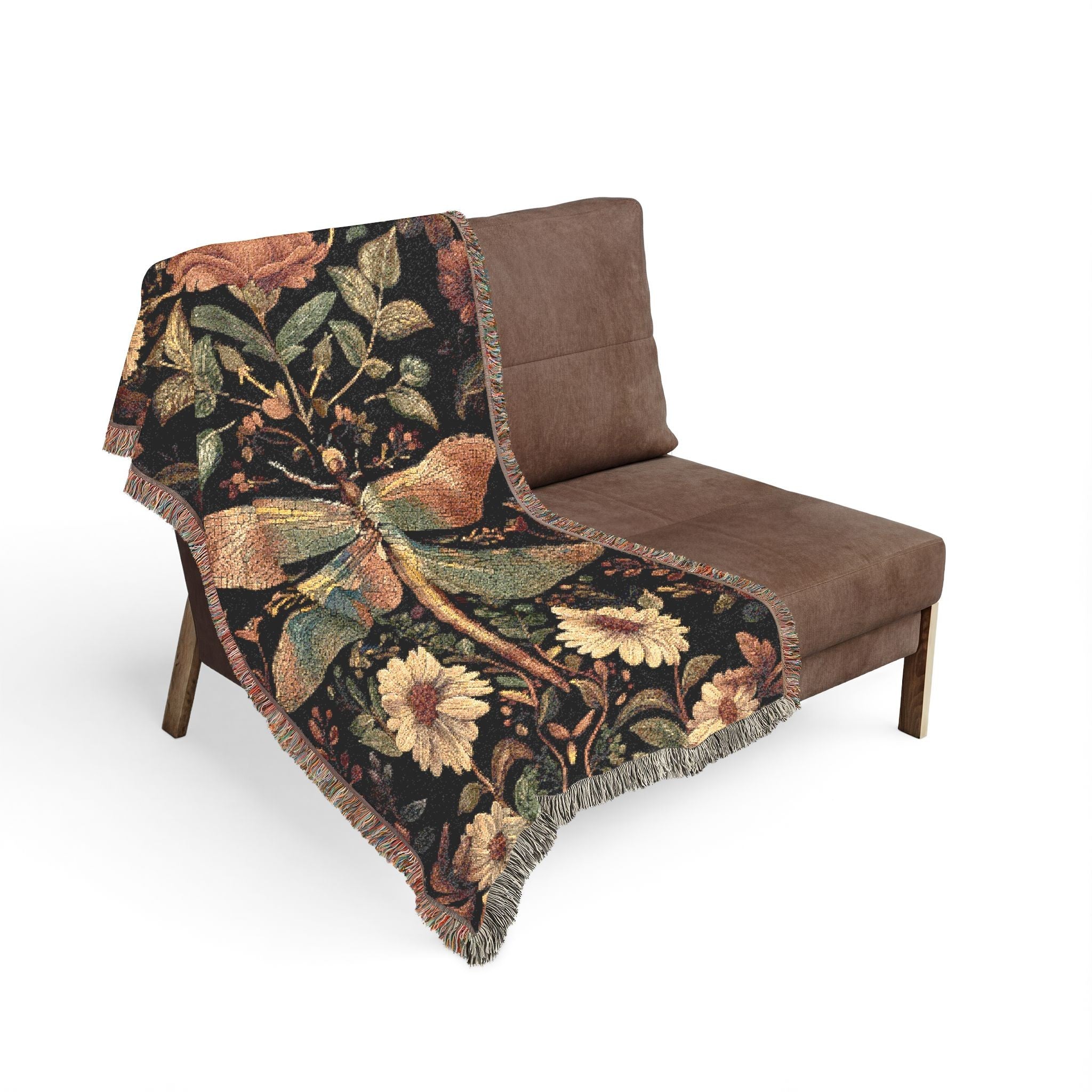 Dragonfly Wildflower Woven Throw Blanket – Heirloom Cotton Cottagecore Tapestry