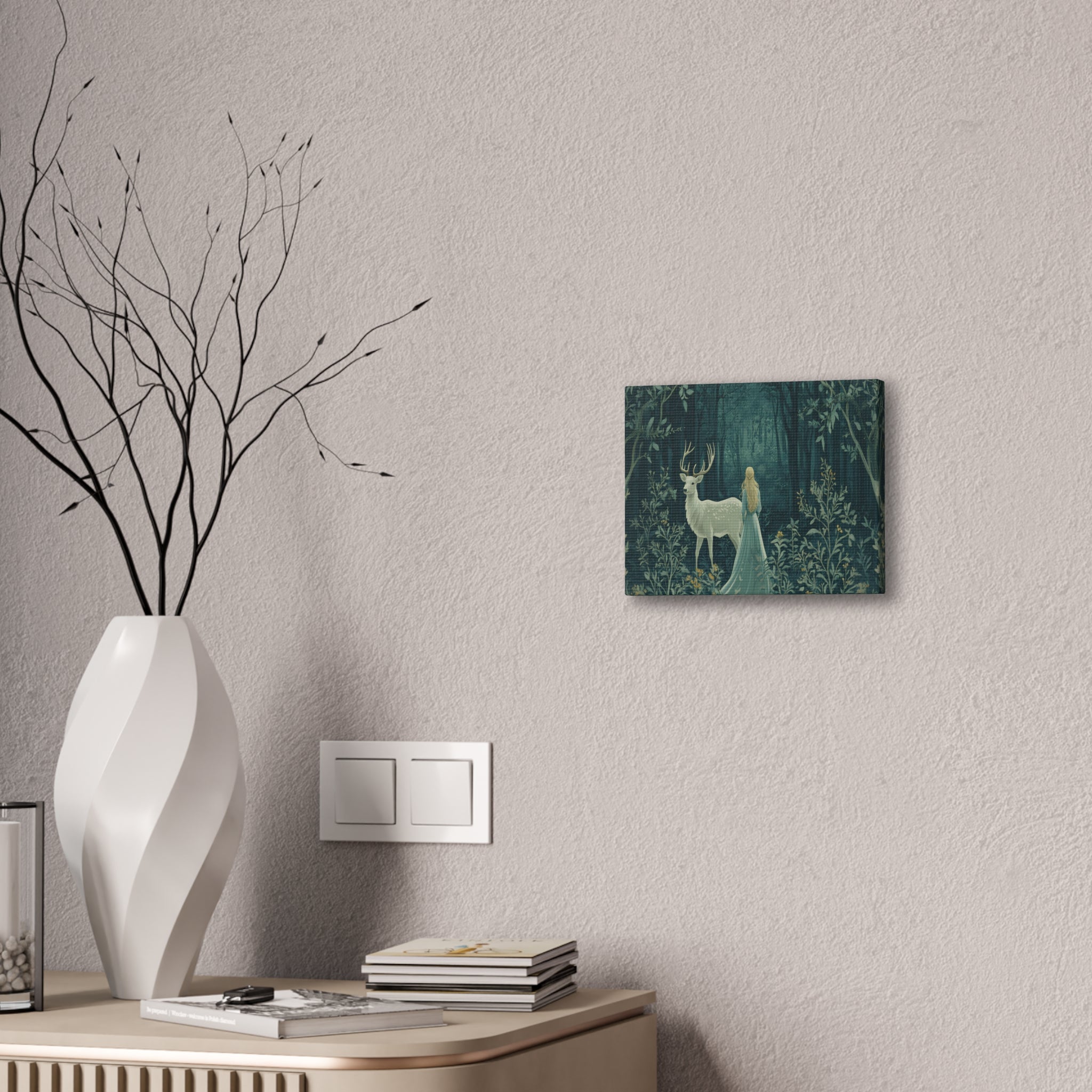 Enchanted Forest Stag & Maiden Canvas Wall Art Mystical Woodland Nature Lover Home Décor