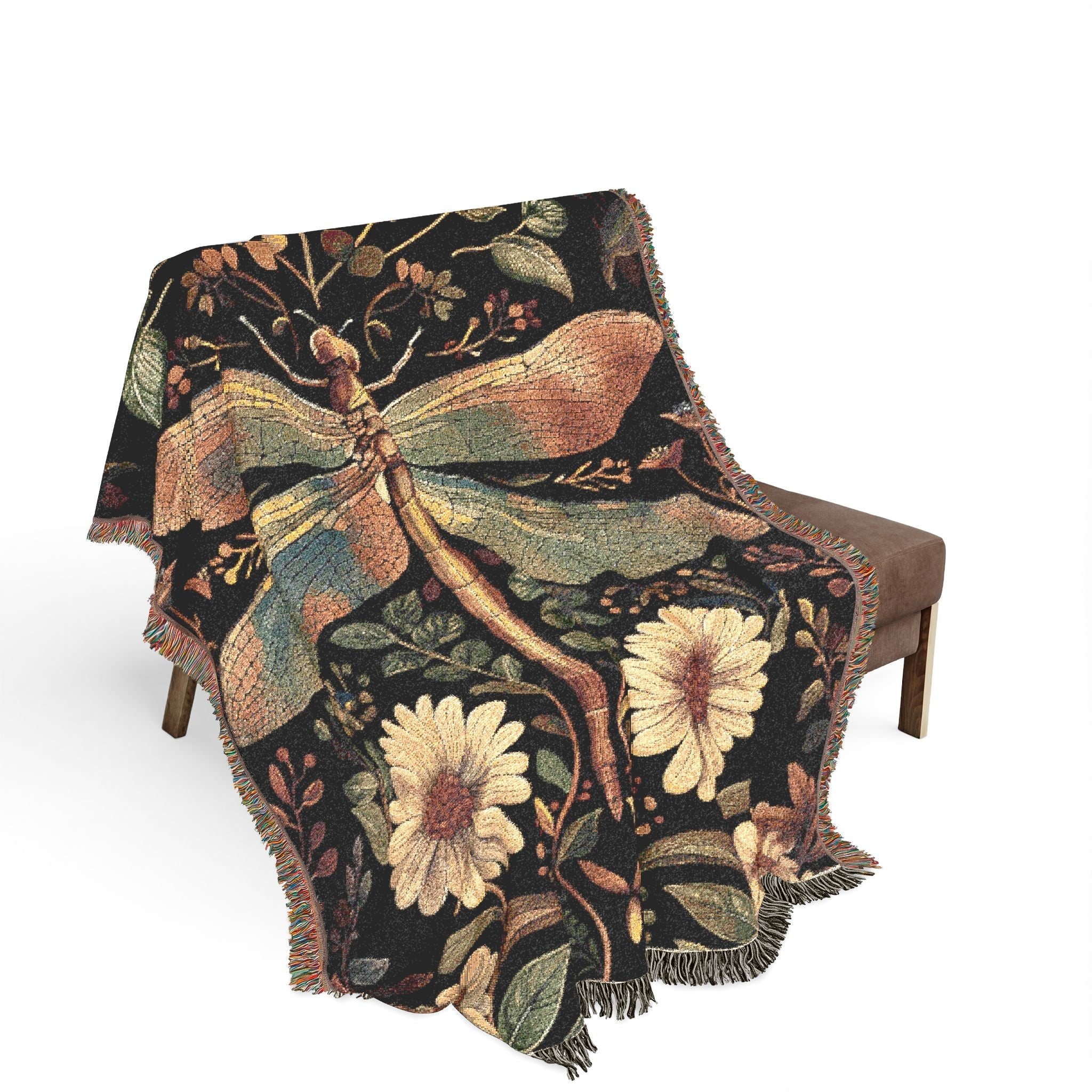 Dragonfly Wildflower Woven Throw Blanket – Heirloom Cotton Cottagecore Tapestry