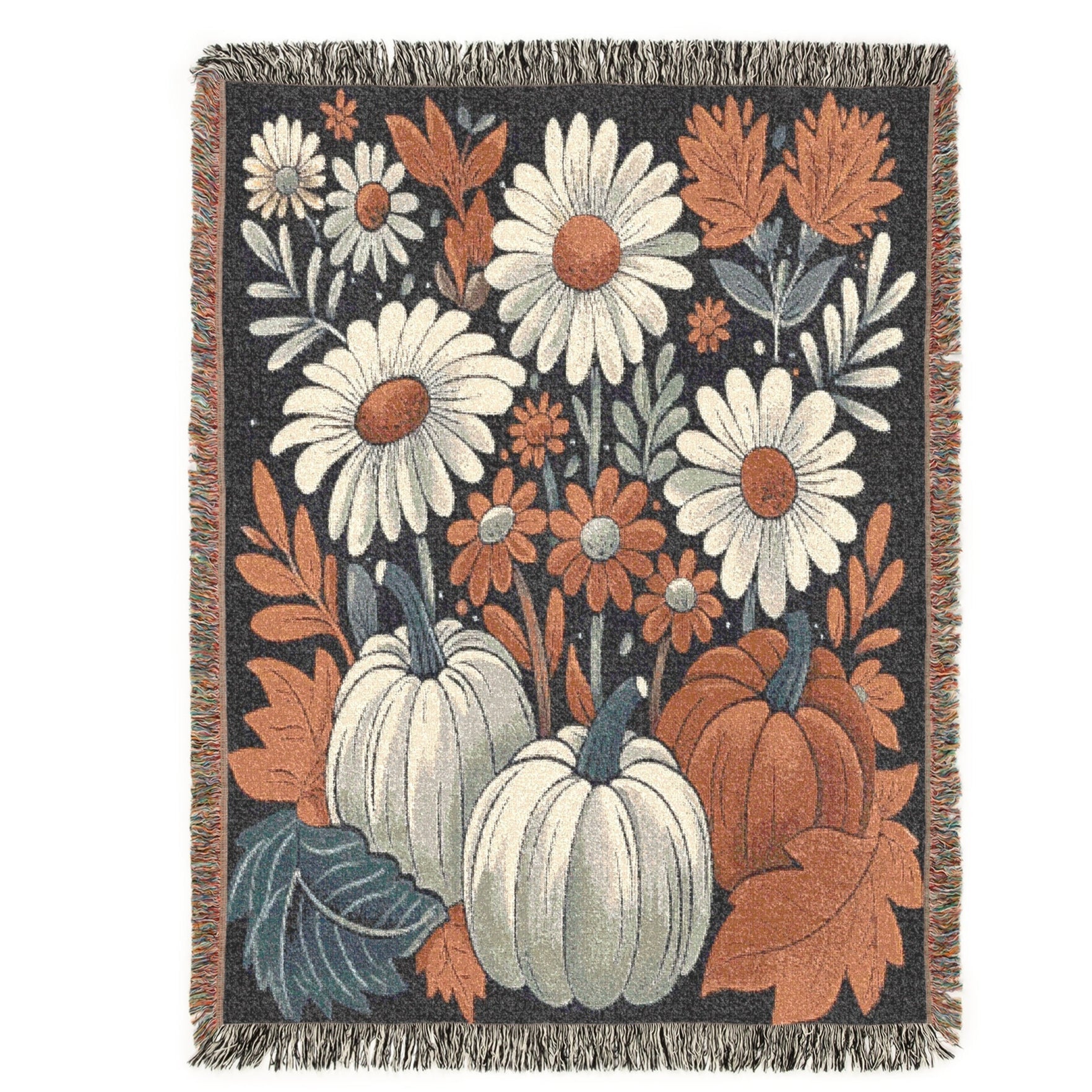 farmhouse chic pumpkin and daisy couch blanket,
cozy woven fall throw blanket for Thanksgiving decor,
Halloween rustic pumpkin floral woven tapestry,